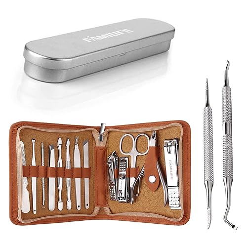 FAMILIFE F03 Juego de manicura de 13 piezas y L07 100% acero inoxidable encarnadas lima y levantador de uñas de doble cara con estuche de