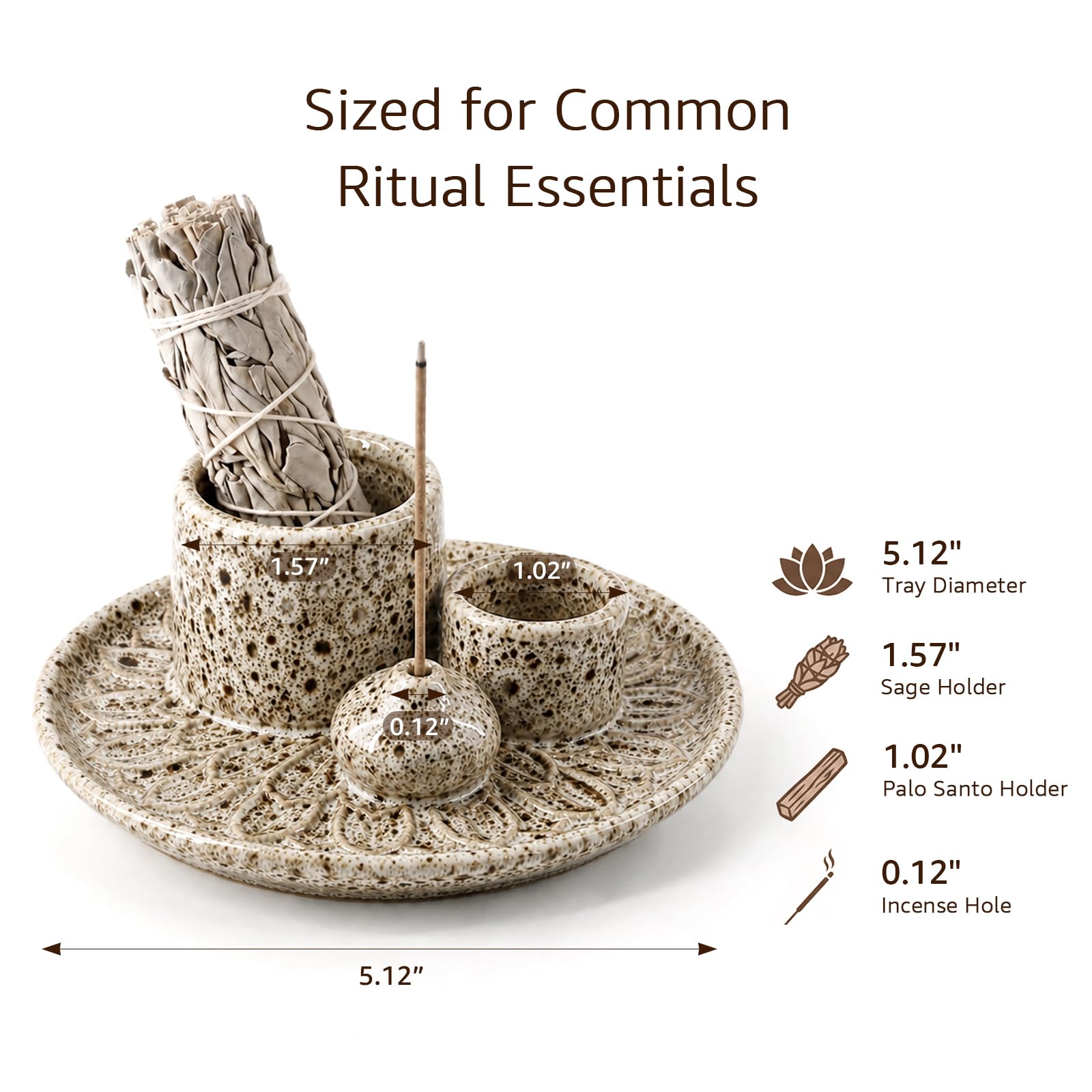 Palo Santo Räucherstäbchenhalter, 4-in-1 Keramik-Räucherstäbchenhalter & Kerzenhalter, Aschefänger & Schmierstabhalter für Meditations- und Yoga-Raum (Braun)