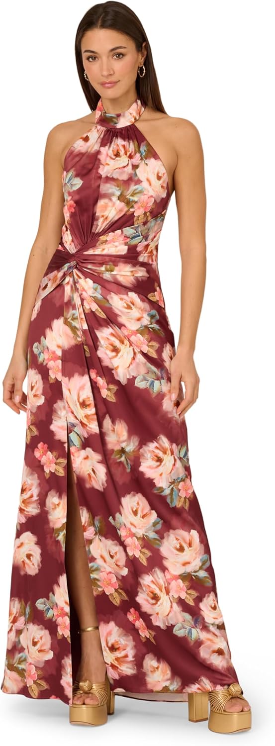 Adrianna Papell Women's Printed Satin Long Dress