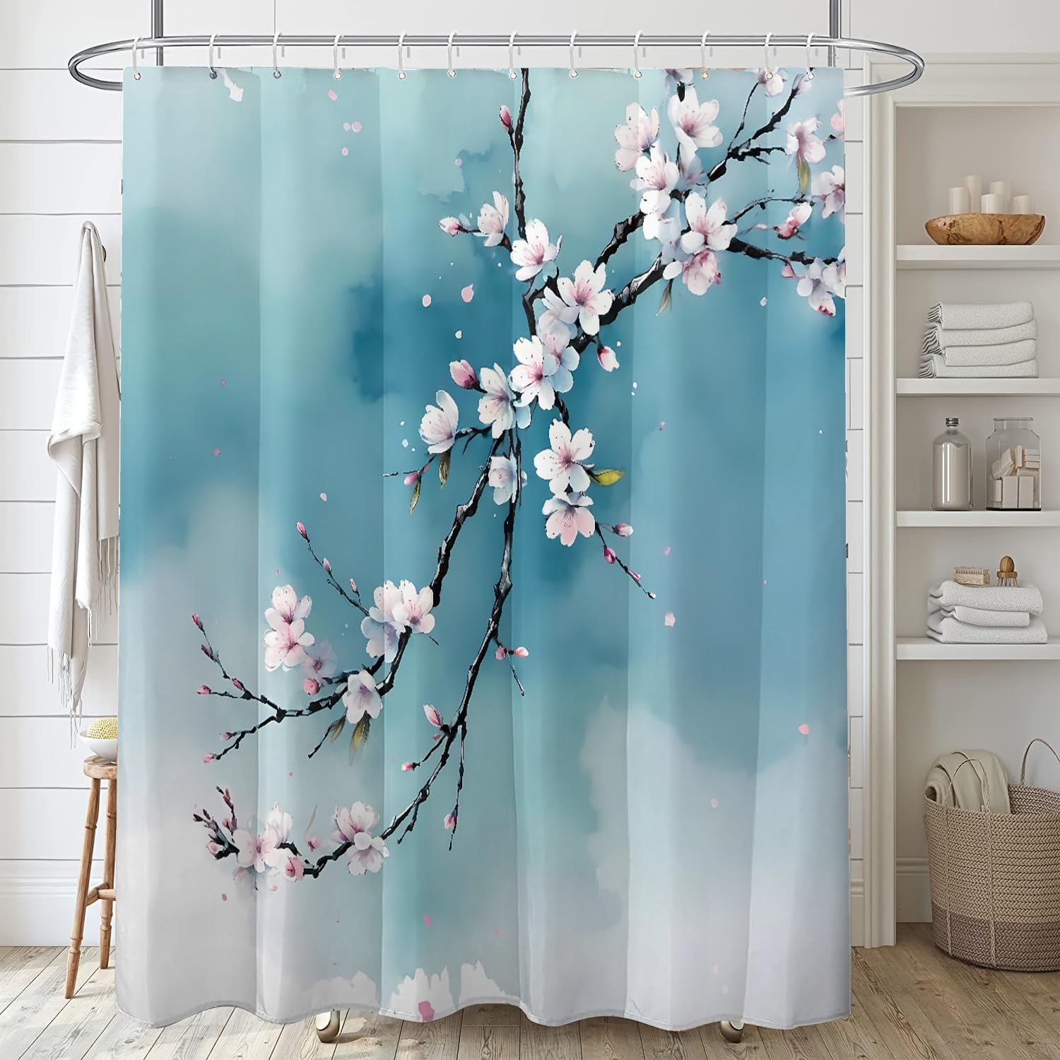GLWDMB 1 Piece 150x180CM Blue Background Pink Peach Blossoms Printed Shower Curtain With Hook, Polyester, for Windows And Walls, Bathtub, Bathroom, Machine Washable, All Season Universal
