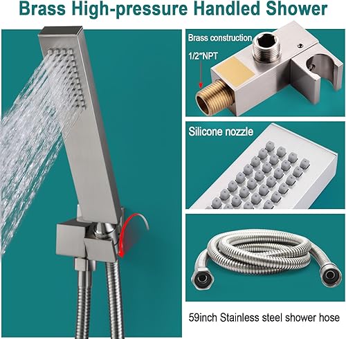 Miniatura 5 de HOMEDEC Sistema de cabezal de ducha LED de lujo de 16 pulgadas con rociador corporal de latón conjunto combinado de níquel cepillado, flujo grande,