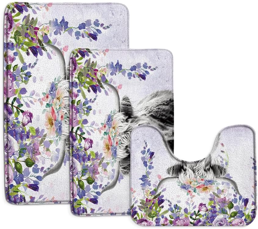 Sunhe 3 Piece Farmhouse Highland Cow Bath Mat Set Western Farm Animal Portrait of Longhorn Bull Pink Floral Rustic 24"x36"+24"x60" Bathroom Rugs,U-Shaped Floor Mat