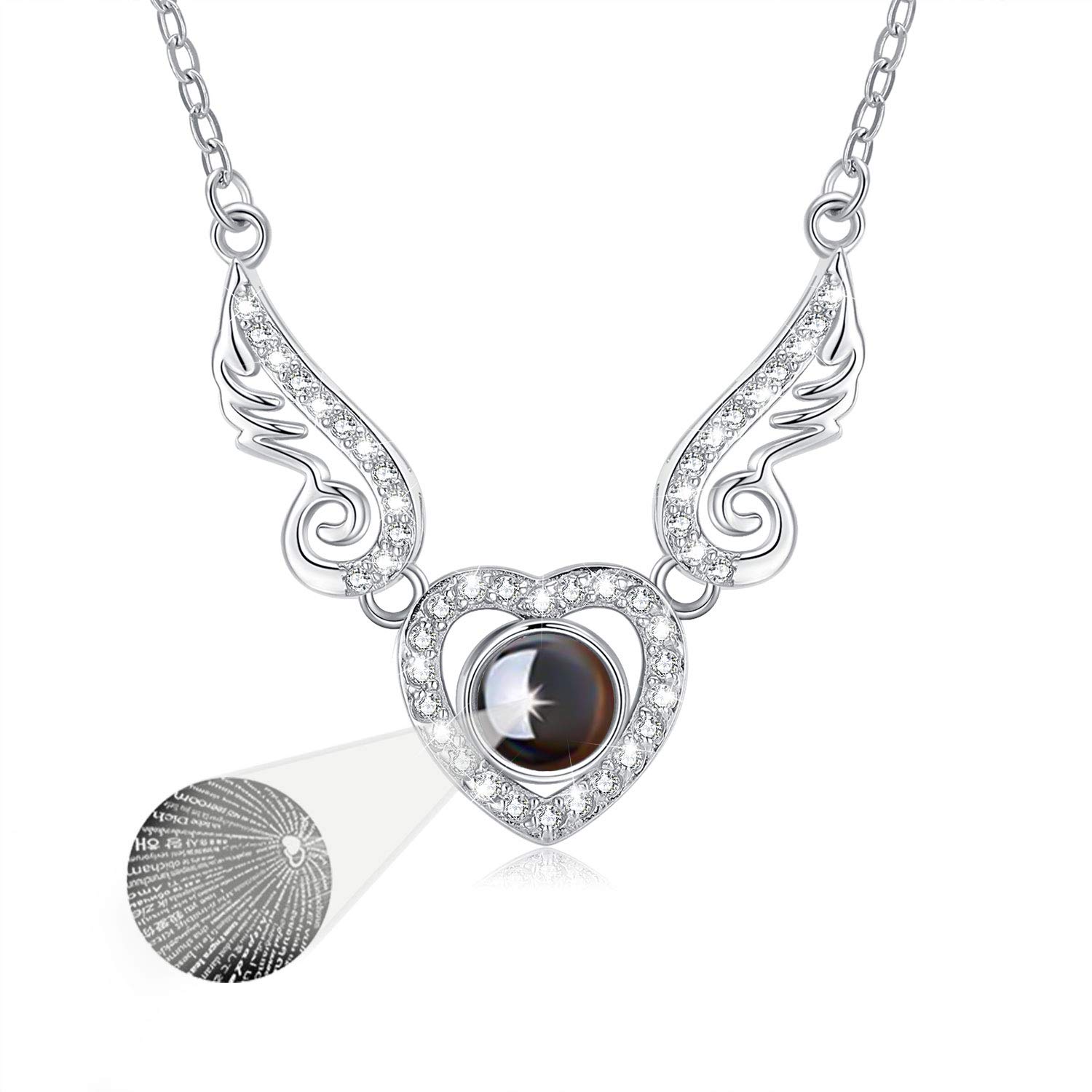 I Love You Necklace 100 Languages 925 Sterling Silver Angel Wings Double Heart Necklaces for Women Memorial Jewelry Gifts for Wife Mom Grandmother