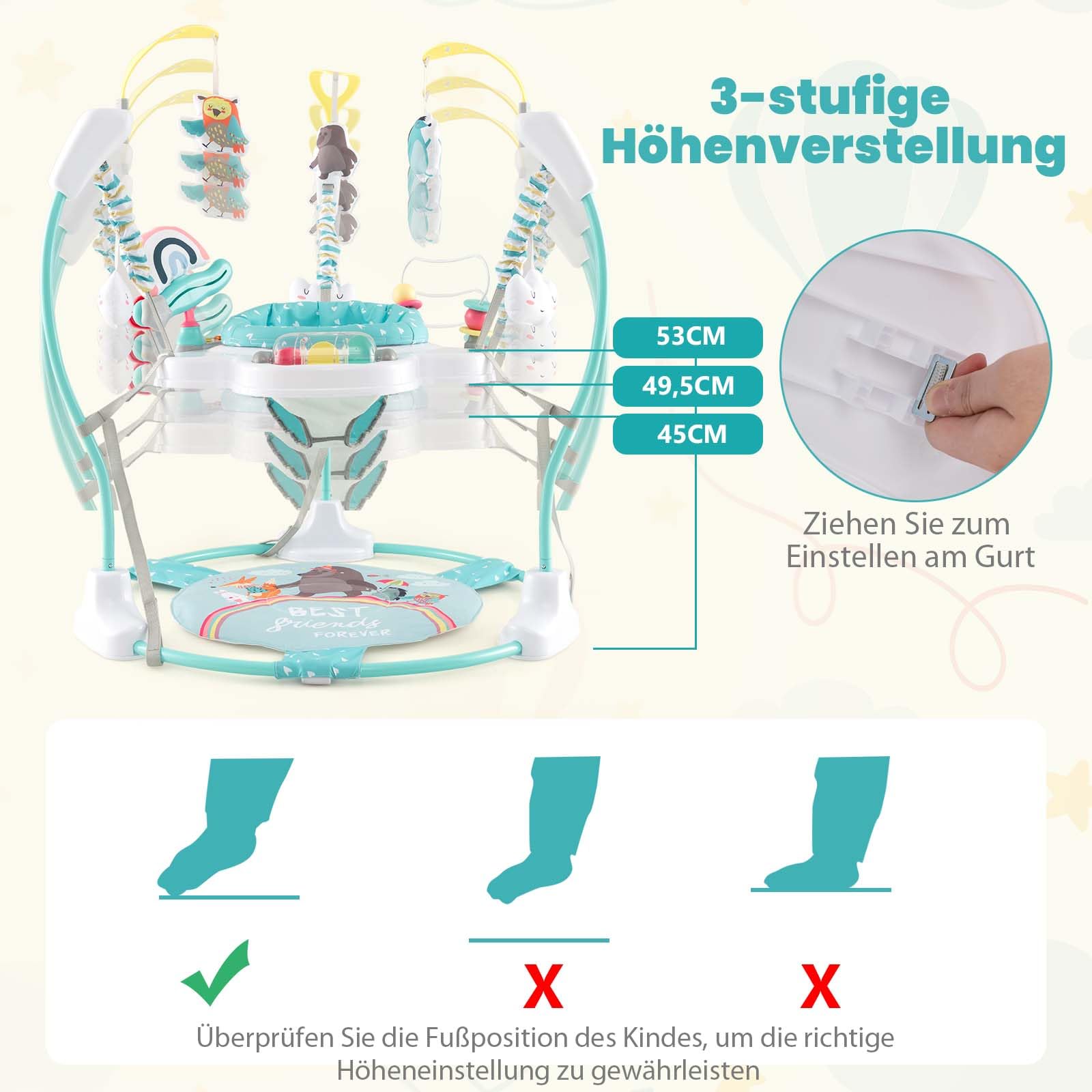DREAMADE Stationäres Aktivitätscenter, Tierwelt-Jumperoo mit abnehmbarem Fußpolster, Spielcenter mit 360°-Drehsitz, 3 verstellbaren Höhen, Musiktablett & Hängespielzeugen für Babys ab 6 Monaten