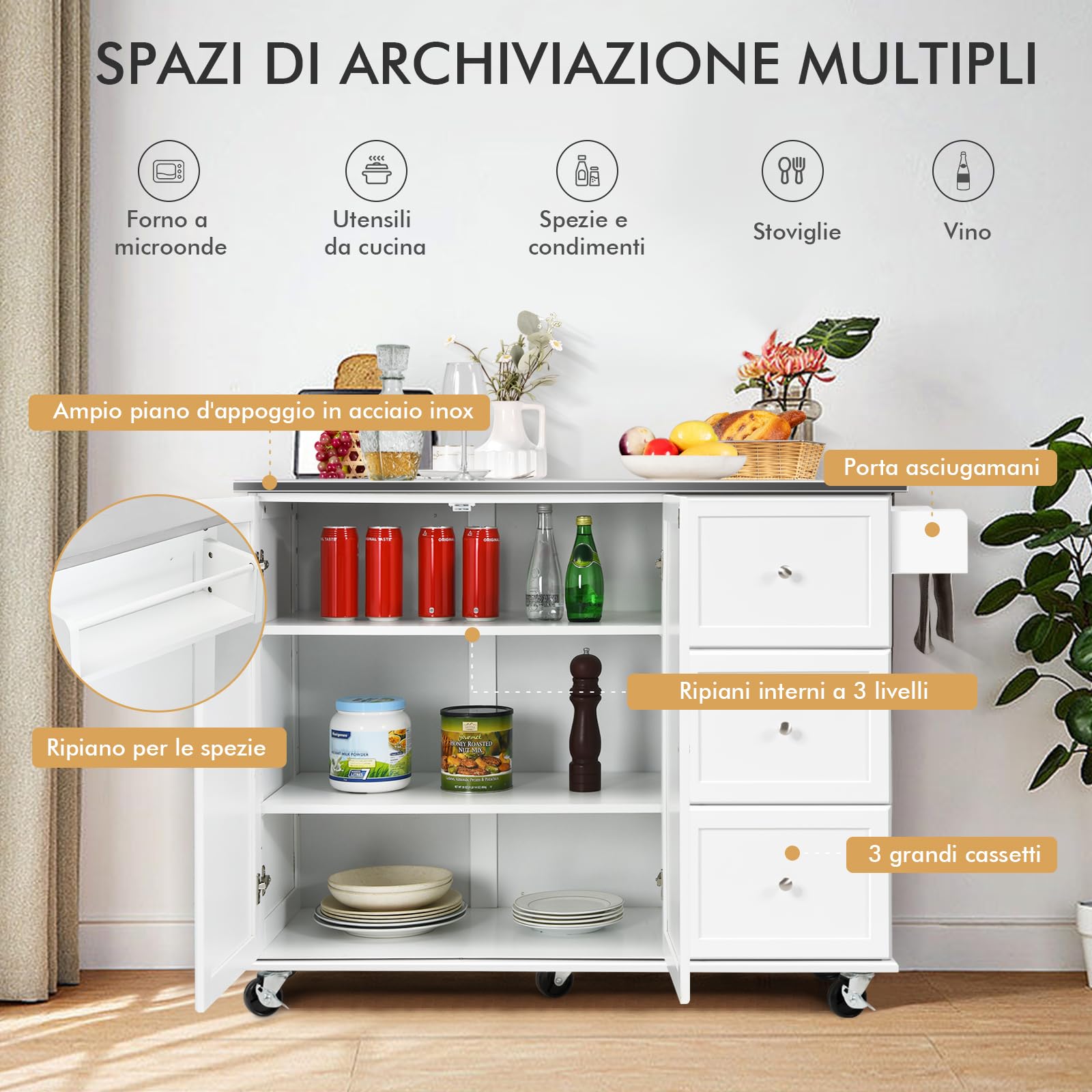 COSTWAY Carrello da Cucina, Isola da Cucina con Piano in Acciaio Inox, Armadietto a 2 Ante e 3 Cassetti, Ripiani Regolabili e Portasciugamani e Portaspezie, 135x45,5x 91,5 cm (Bianco)