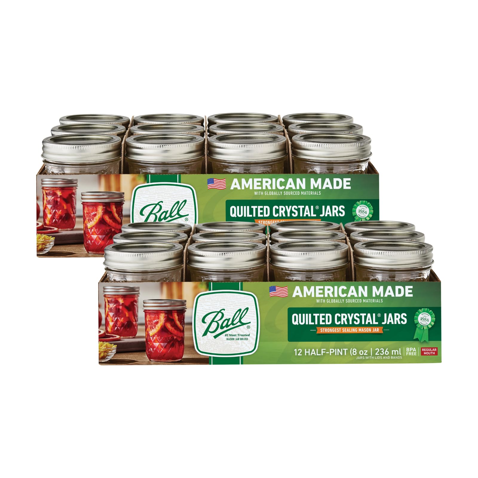 Regular Mouth Quilted Crystal Glass Mason Jars with Lids and Bands, Used for Canning, Pickling, Juice, Jam, Jelly, Half Pint Size (Pack of 24)