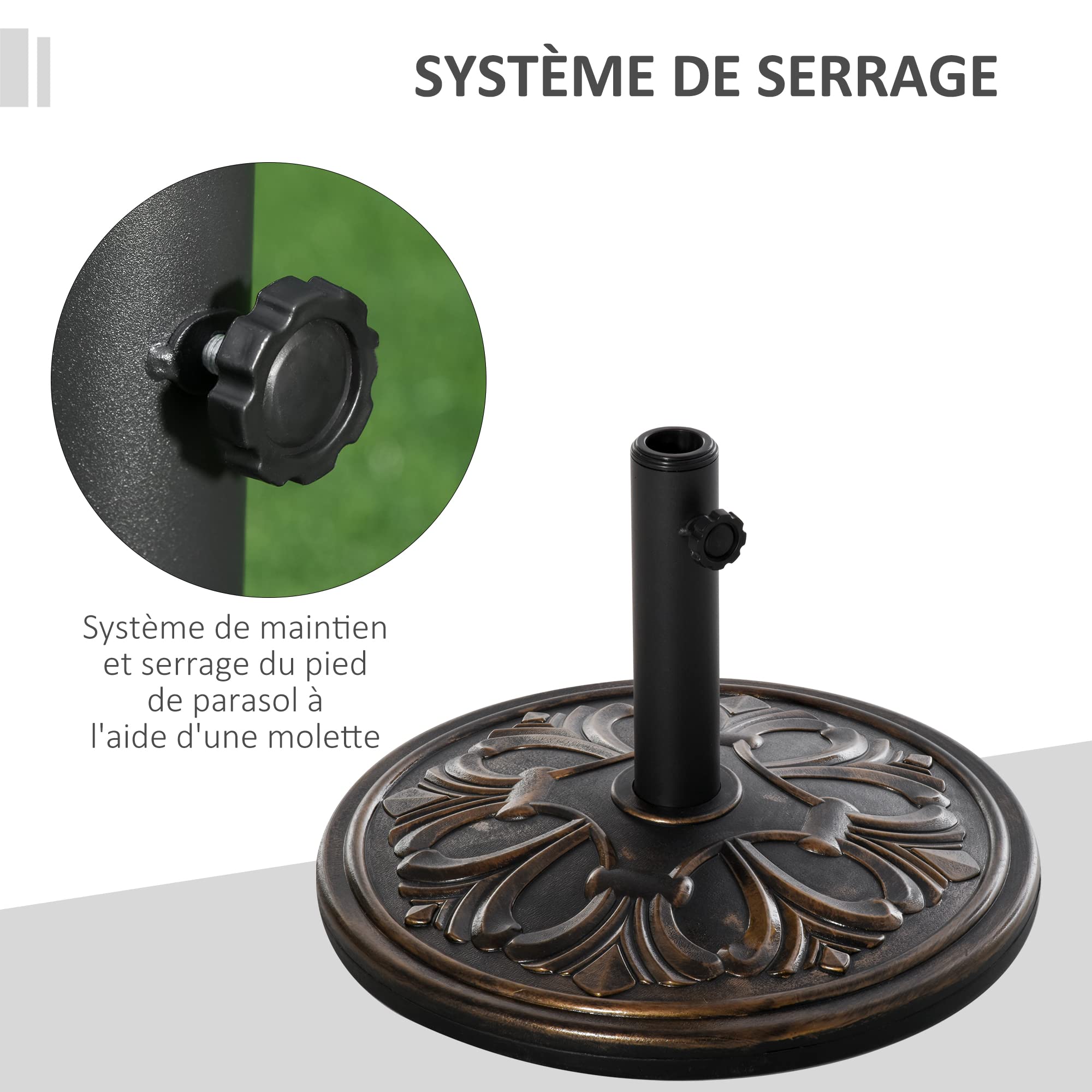 Outsunny Pied de parasol rond base de lestage Ø 48 x 34H cm ciment HDPE motif fleurs de lys poids net 13 Kg noir doré