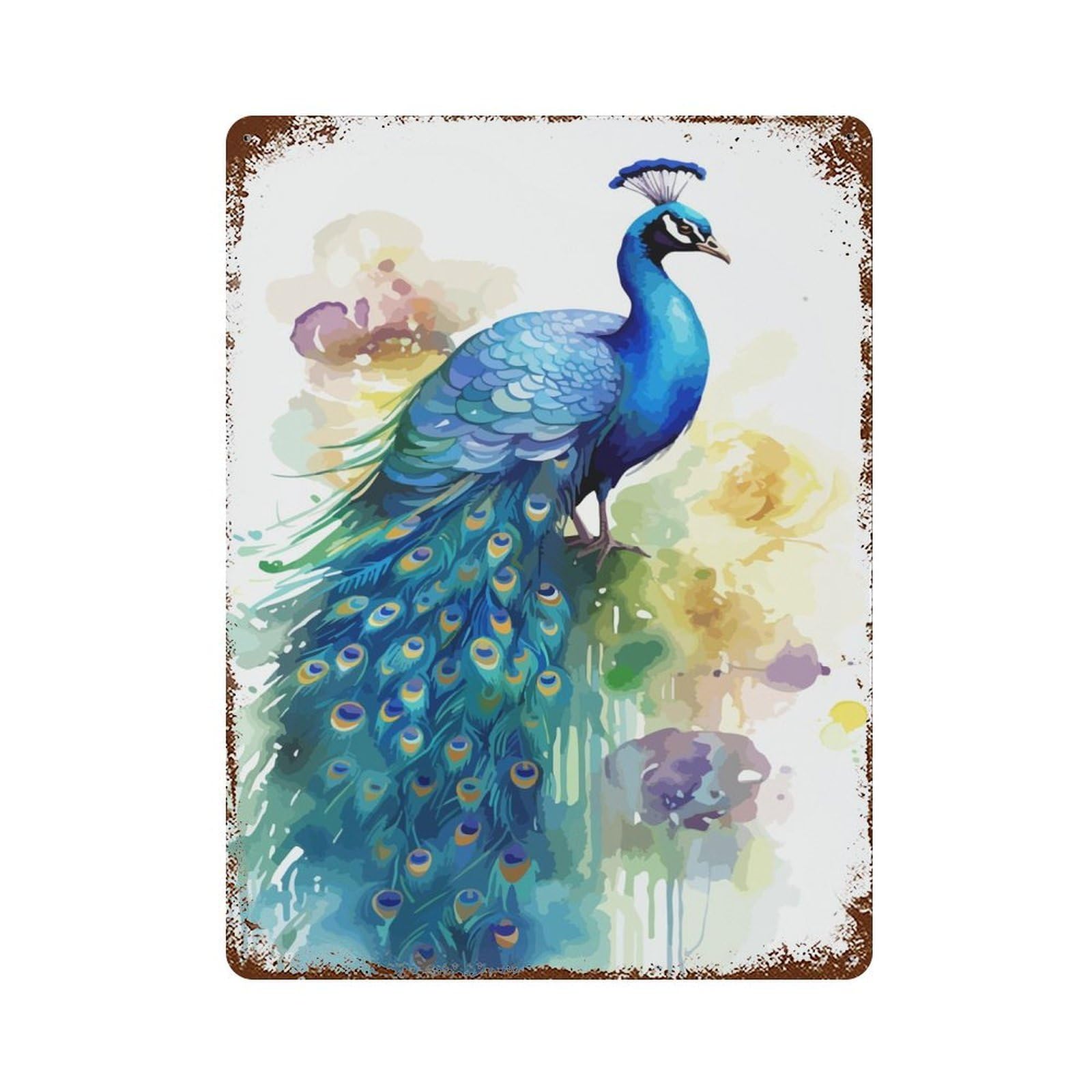 Cute Peacock Watercolor 15.7"x11.8" Vintage Rust Metal Sign, Shabby Chic Decor for Garage, Bar And Workshop Decor