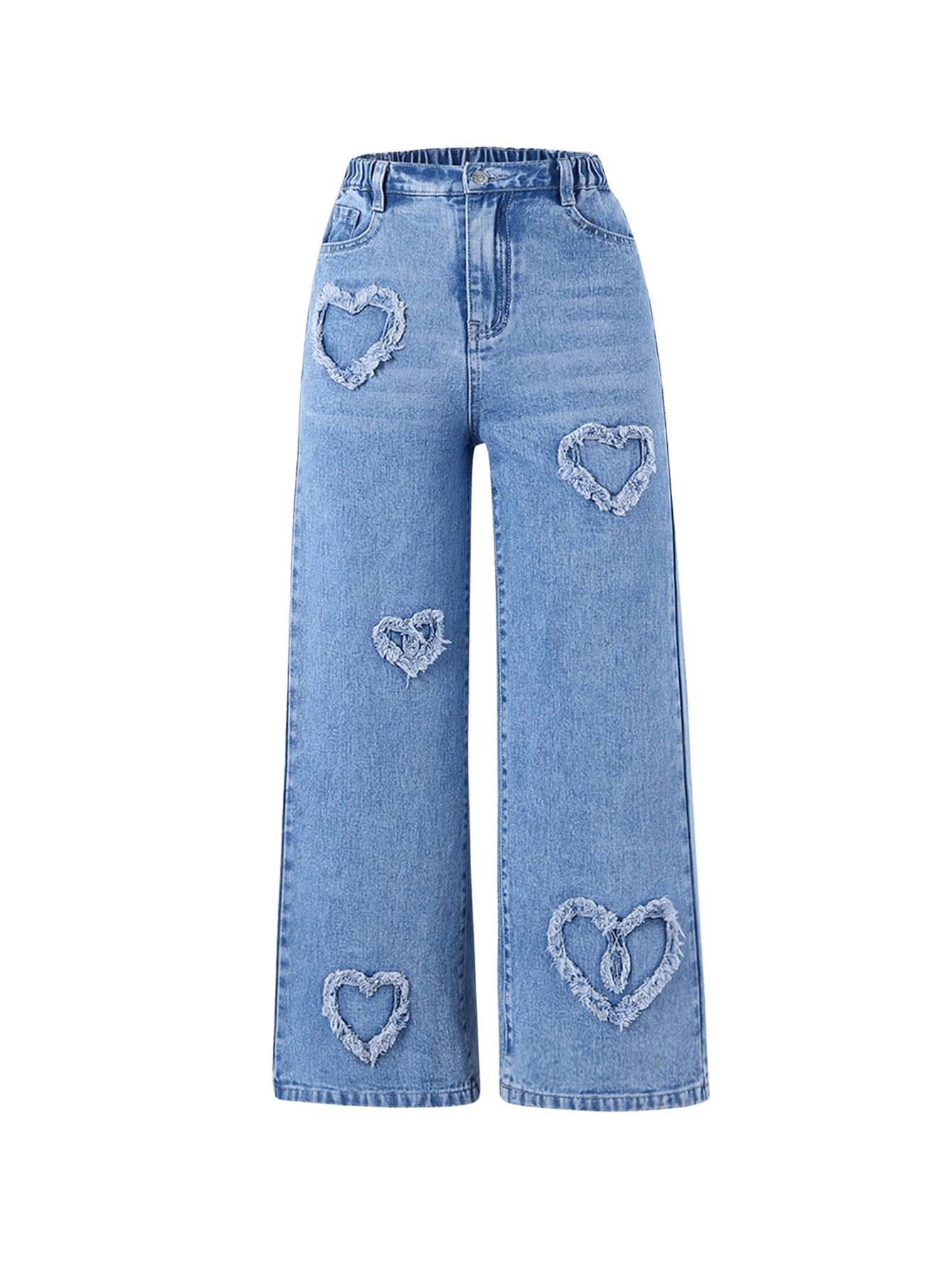 SHENHEGirl's Y2K Heart Applique Elastic High Waist Jeans Wide Leg Loose Denim Pants
