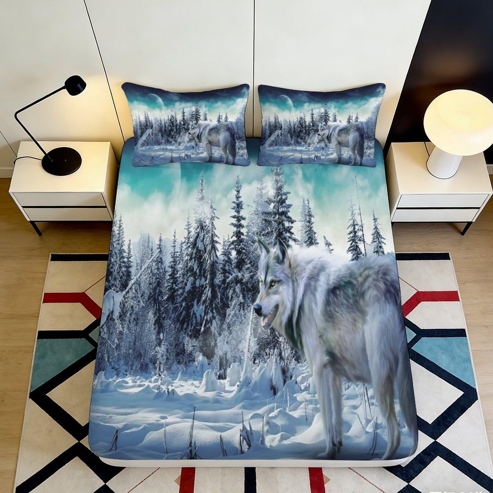 3D Printed Snow Forest Wolf Fitted Sheet Microfiber Soft Mattress Cover for Bedroom Guest Room Decor Protection 90x200x25cm