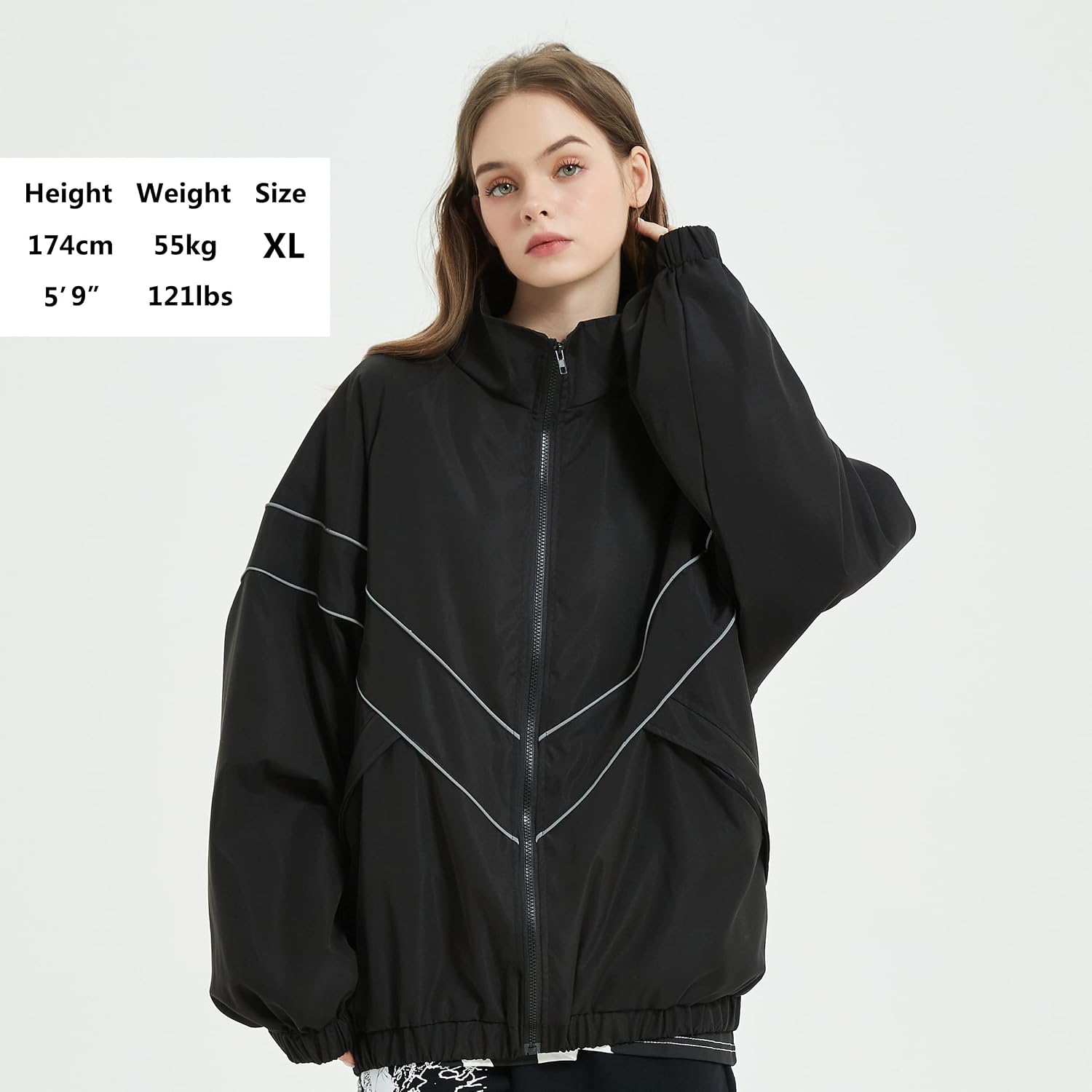 Men Streetwear Reflective Striped Track Jacket Coat Zipper Up Windbreaker