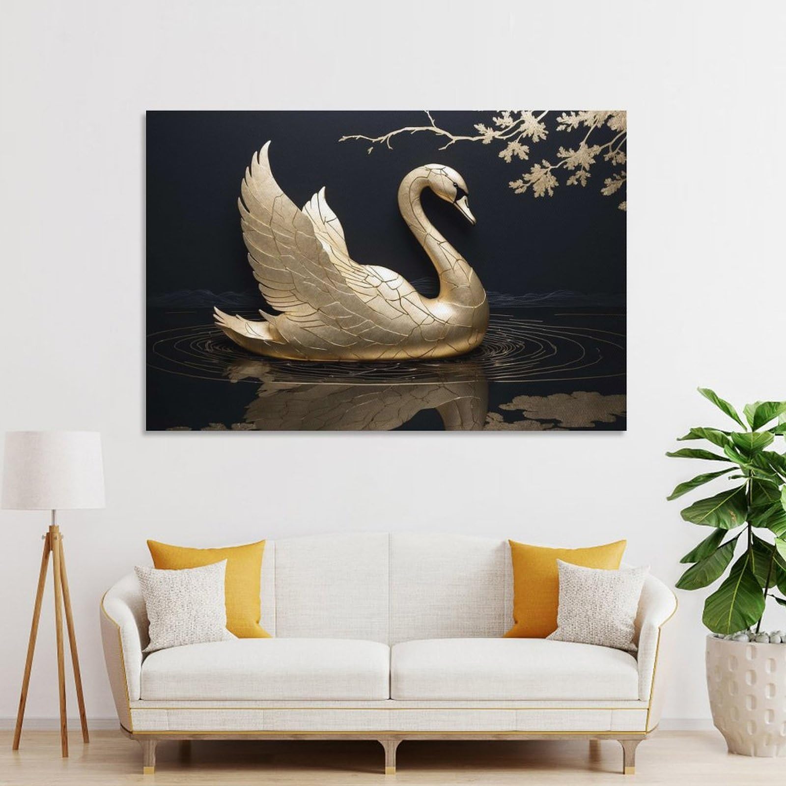 Hanging Wall Art Golden Swan on Black Water, 24x36inch(60x90cm), for Wall Displays, Bedrooms Or Room Updates, Wall Decor Suited to Curated Displays