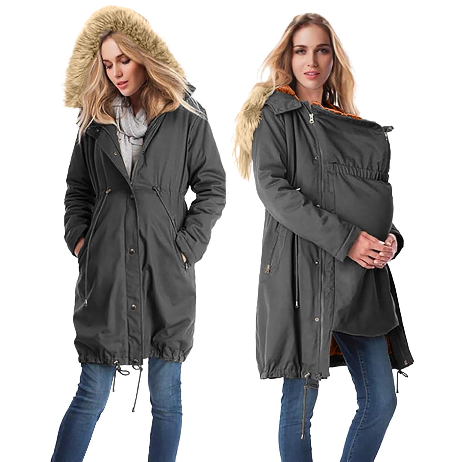 Veste d'hiver pour femme enceinte 2025 - Veste de maternité - Manteau en coton 3 en 1 - Longue bouffante - Parka avec capuche et poches - Vestes en coton imperméable