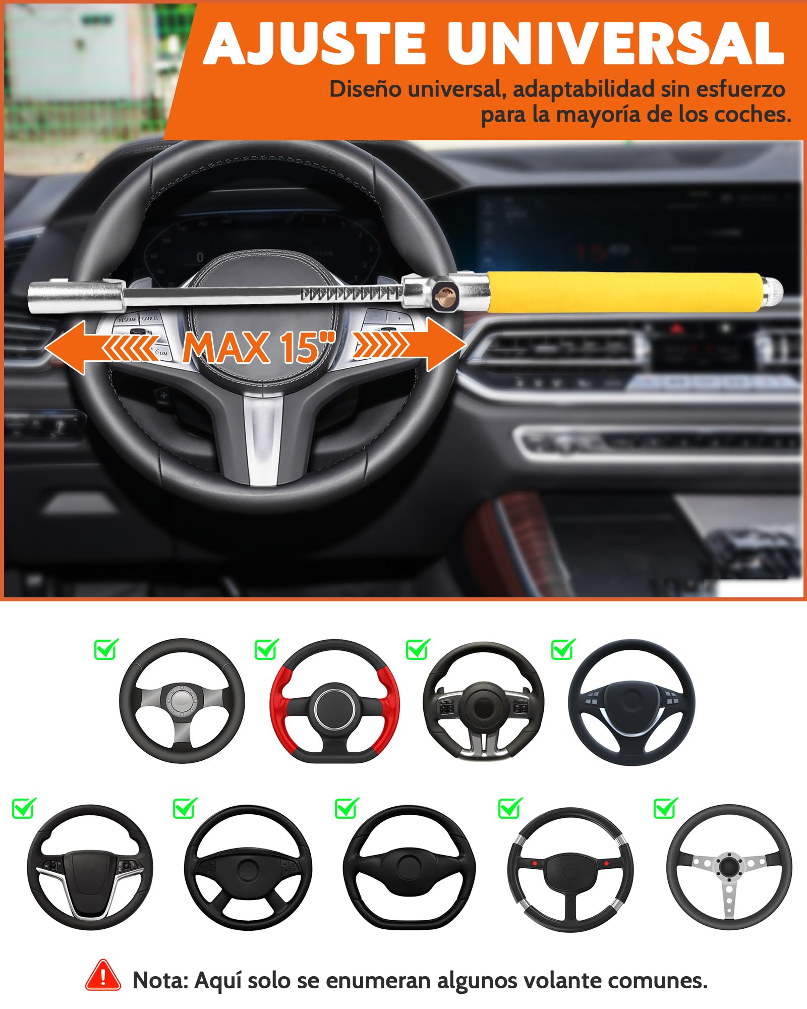 Tevlaphee Blocca Sterzo per Auto Antifurto di Bloccaggio Dispositivi Serratura dello Volante Universale Antifurto immobilizzatore con 3 Chiavi Bloccasterzo(Giallo)