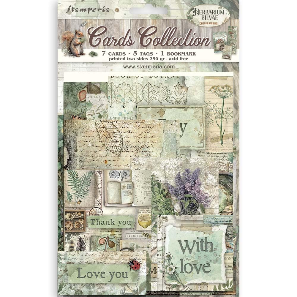 Stamperia - Cards Selection, Acid-Free, Printed on 2 Sides, Choice of Sizes and Designs, Perfect for Hobbies, Crafts, and Gifting (Herbarium Silvae) (7 Cards, 5 Tags, 1 Bookmark)