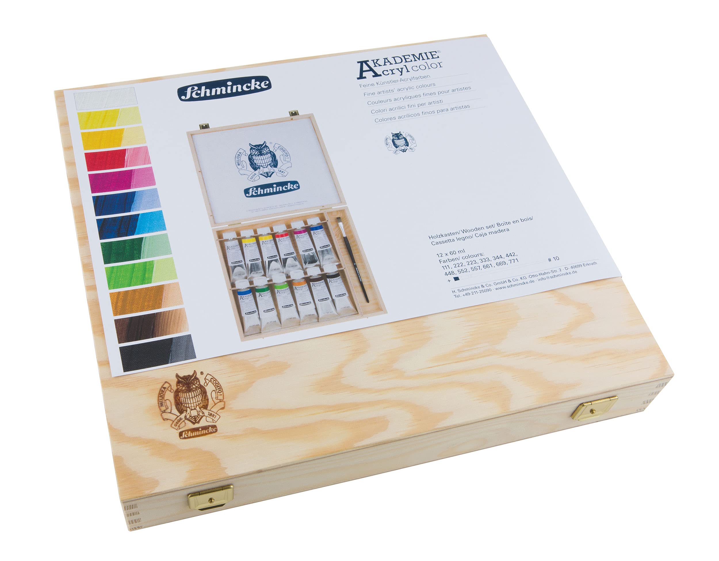 Schmincke AKADEMIE® Akrylowy kolor, 12 tubek o pojemności 60 ml, 76 014 097, 12 wspaniałych, bardzo trwałych kolorów w drewnianym pudełku, 1 pędzel daVinci, akryle artystyczne, bez kadmu, idealny do