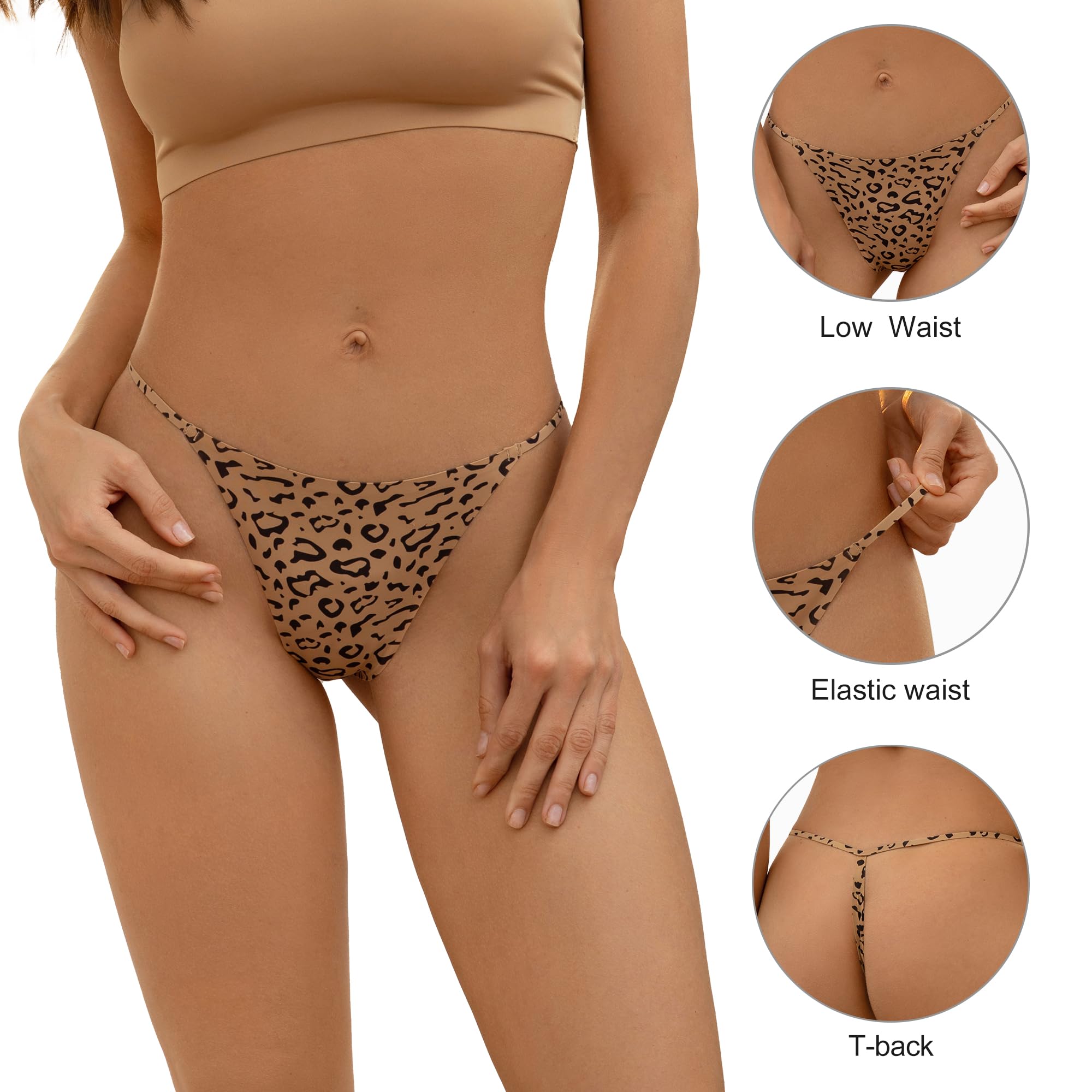 DEANGELMON Seamless G-string Thongs for Women - No Show Thong Underwear Low Rise Stretch Panties Workout Pack: Medium Leopard Print - 5 Pack