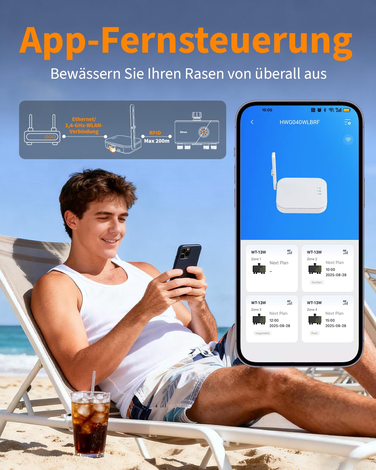 Diivoo WLAN Bewässerungscomputer 4 Ausgänge, Wasserzeitschaltuhr Gartenbewässerungssystem, Zeitschaltuhr für Bewässerung, Messingeingang&Ethernet, Alexa/Google, 24 Pläne, Regenverzögerung&Nebelmodus