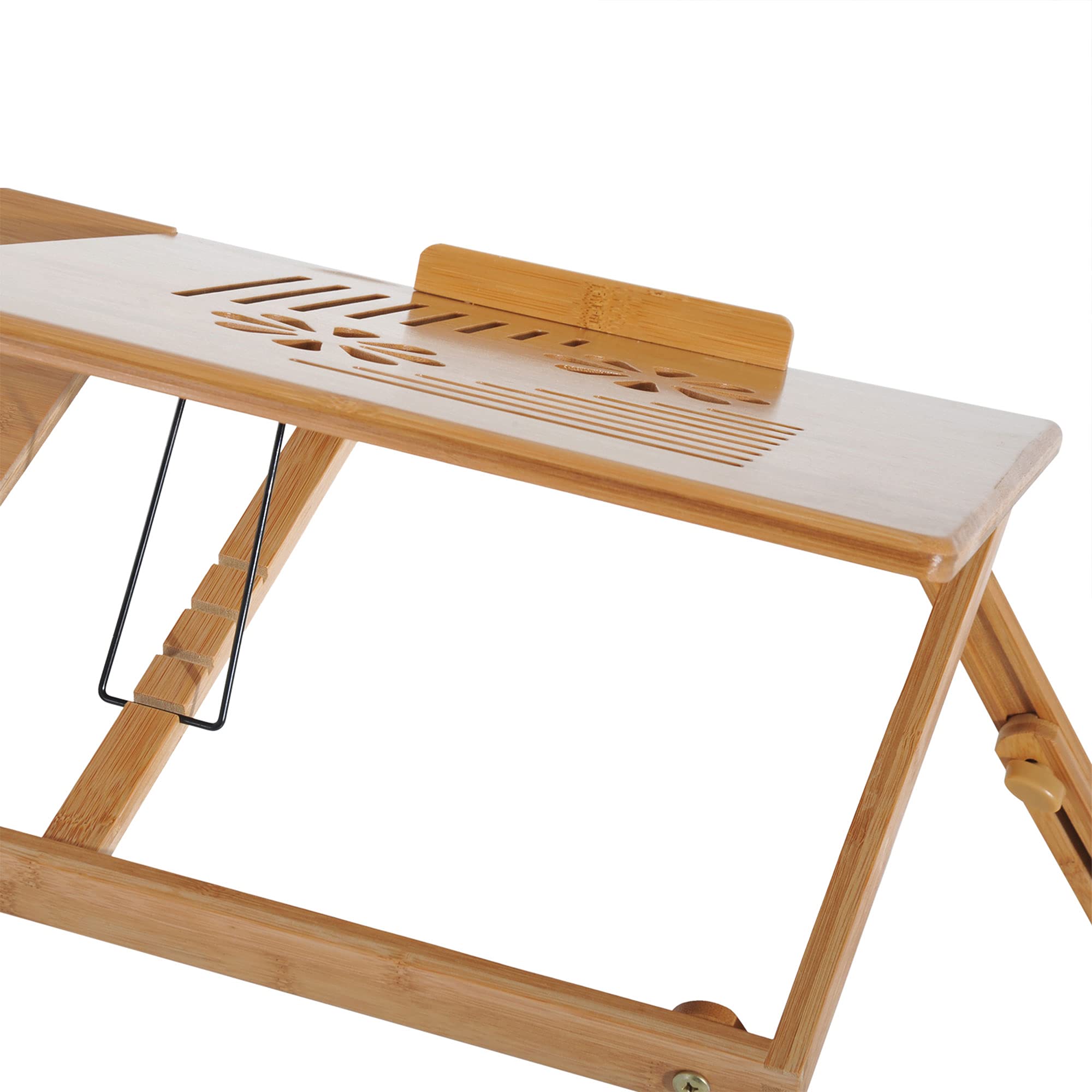 HOMCOM Mesa Plegable de Bambú, Mesa de Ordenador Portátil, para Cama y Sofá, Altura Ajustable, Cajón, Patas Plegables, para Leer, Escribir, Comer, Trabajar, Natural