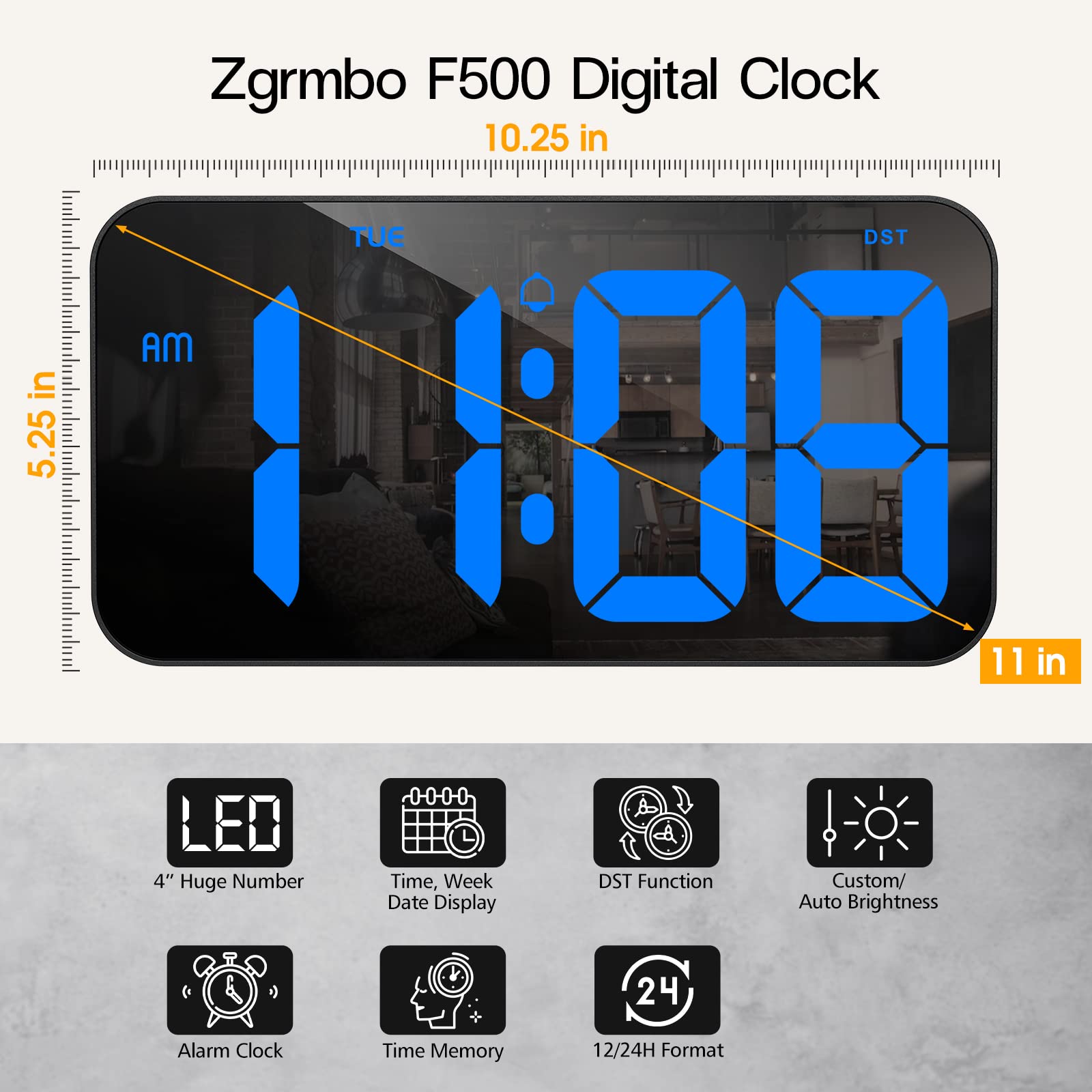 Zgrmbo Digital Clock for Wall with Auto-Dimming, Week, Support Standard/Military Time Format, Daylight Saving Time - A Clock for Living Room, Classroom