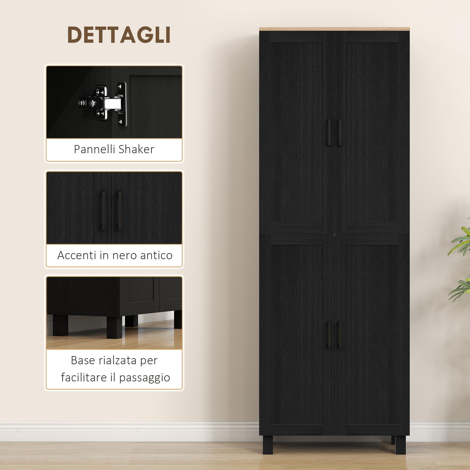 HOMCOM Credenza Cucina Alta, Mobile Dispensa con 4 Ante, 2 Armadietti, 5 Ripiani Regolabili, Mobile Cucina Moderno per Sala da Pranzo Soggiorno, 60x30x170.5 cm, Nero