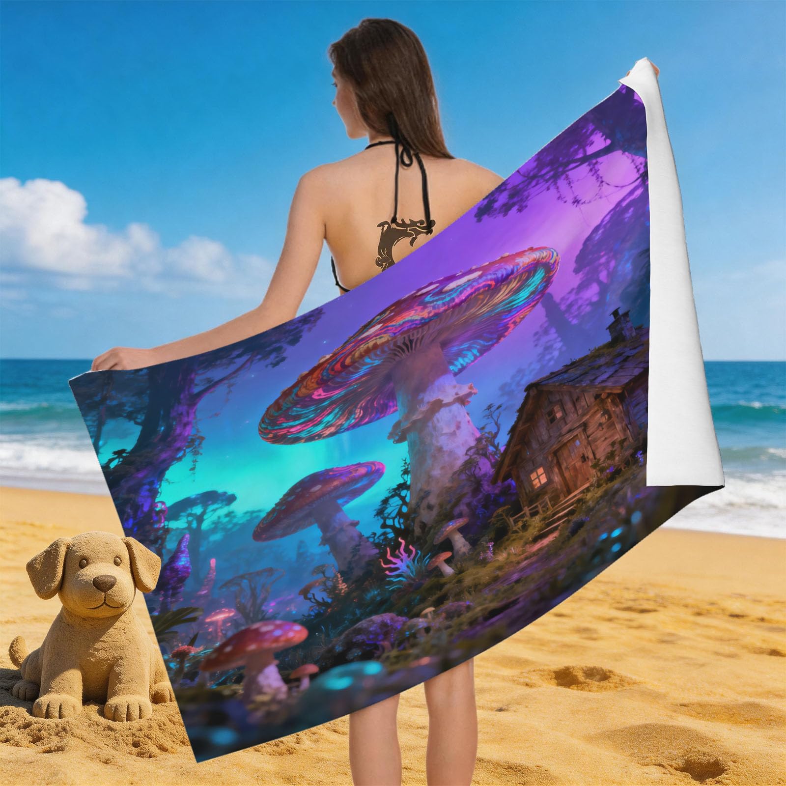 Leichong 3D Fantasy Mushroom Beach Towel Microfiber Soft Quick Dry for Adults, Mysterious Woods Bath Towel Lightweight Soft Absorbent for Travel Swimming Pool Sports, 75 x 150 cm