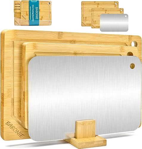 Juego de 2 tablas de cortar de bambú grandes para cocina con organizador de madera, 1 tabla de cortar de acero inoxidable para carne, verduras y