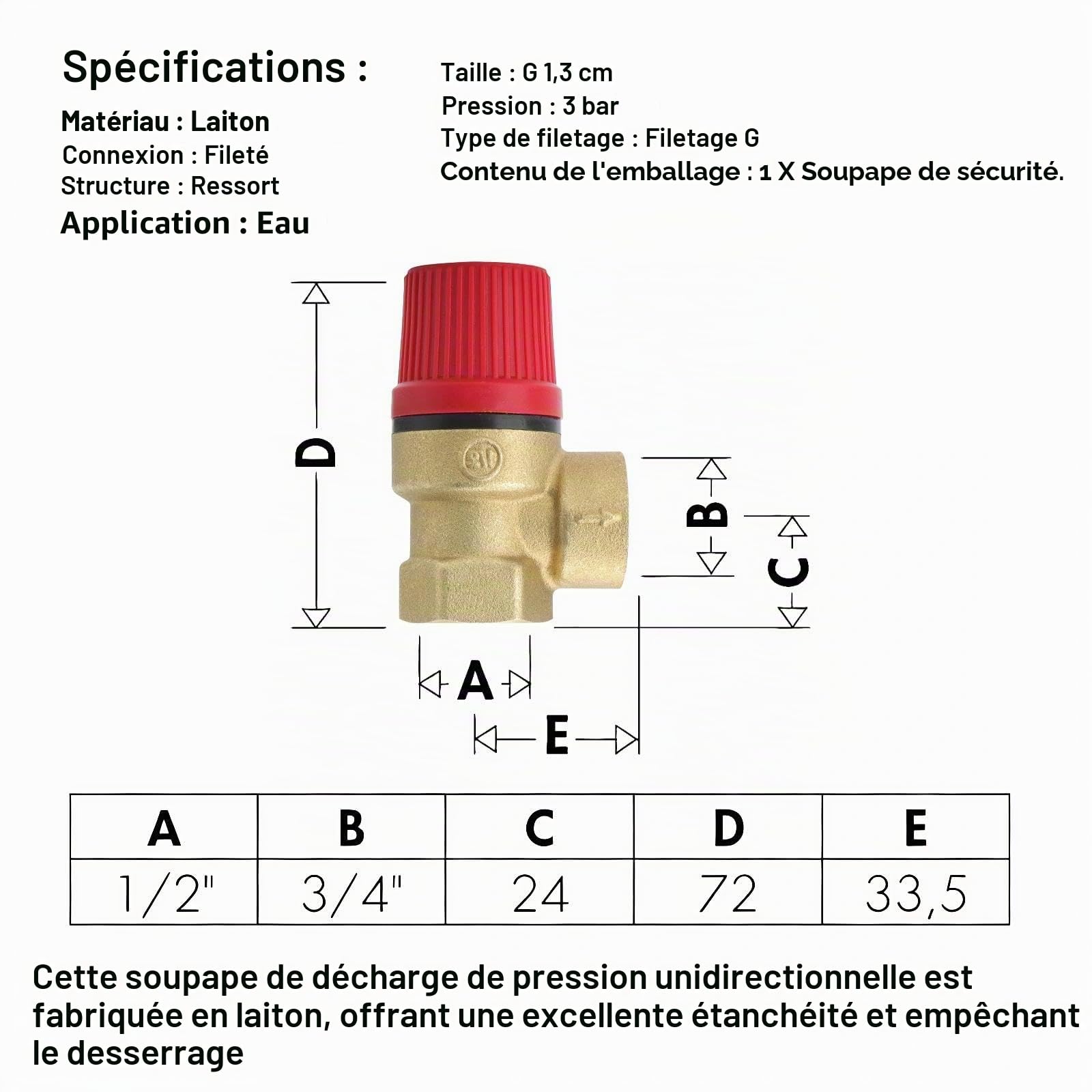 Soupape de sécurité 1/2" 3 bar en laiton pour système de chauffage, chauffe-eau et chaudière, contrôle précis de la pression, anti-fuite, installation facile pour systèmes de chauffage