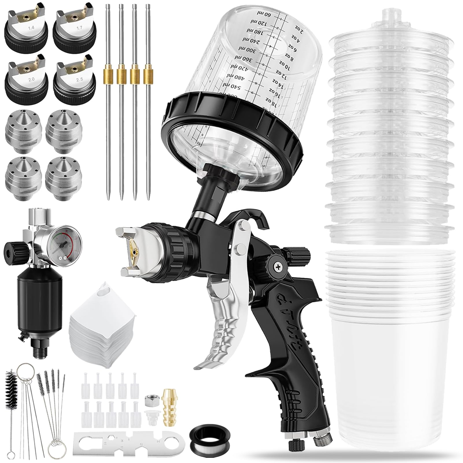 HVLP Pistolet Pulvérisateur de Peinture avec Buses de 1,4/1,7/2,0/2,5 mm et Régulateur d'air, Kit de Pistolet de Pulvérisation de Voiture avec Godet de 600 ML et Autres Accessoires de Pulvérisation