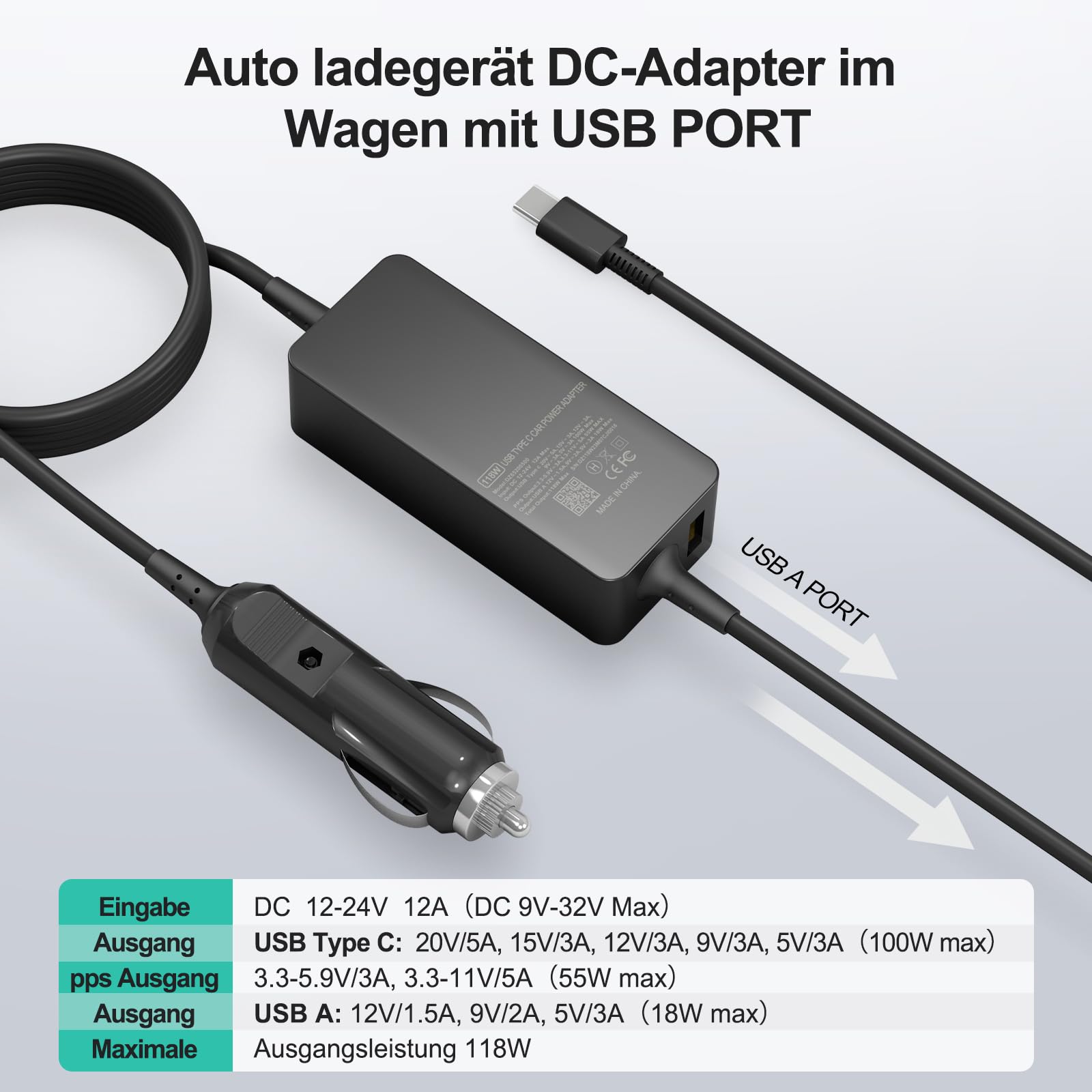 Chargeur allume-cigare pour ordinateur portable 12 V-24 V - Prise USB C 100 W + 18 W pour HP/Lenovo/Dell - Câble de charge de voiture Samsung Galaxy S23/S24 Ultra/Google/iPhone 16/16Pro 15 max/iPad