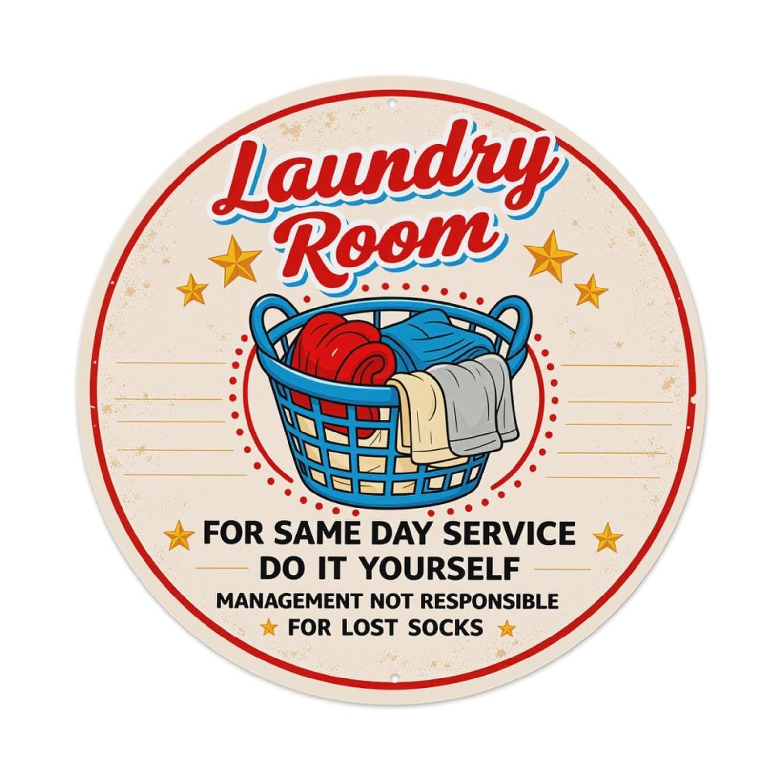 Laundry Room Basket With Clothes And Stars Round Vintage Tin Sign,Retro Wall Art,Metal Poster for Home, Bar, Garage, Cafe, Rustic Indoor & Outdoor Decor, 8x8 Inches