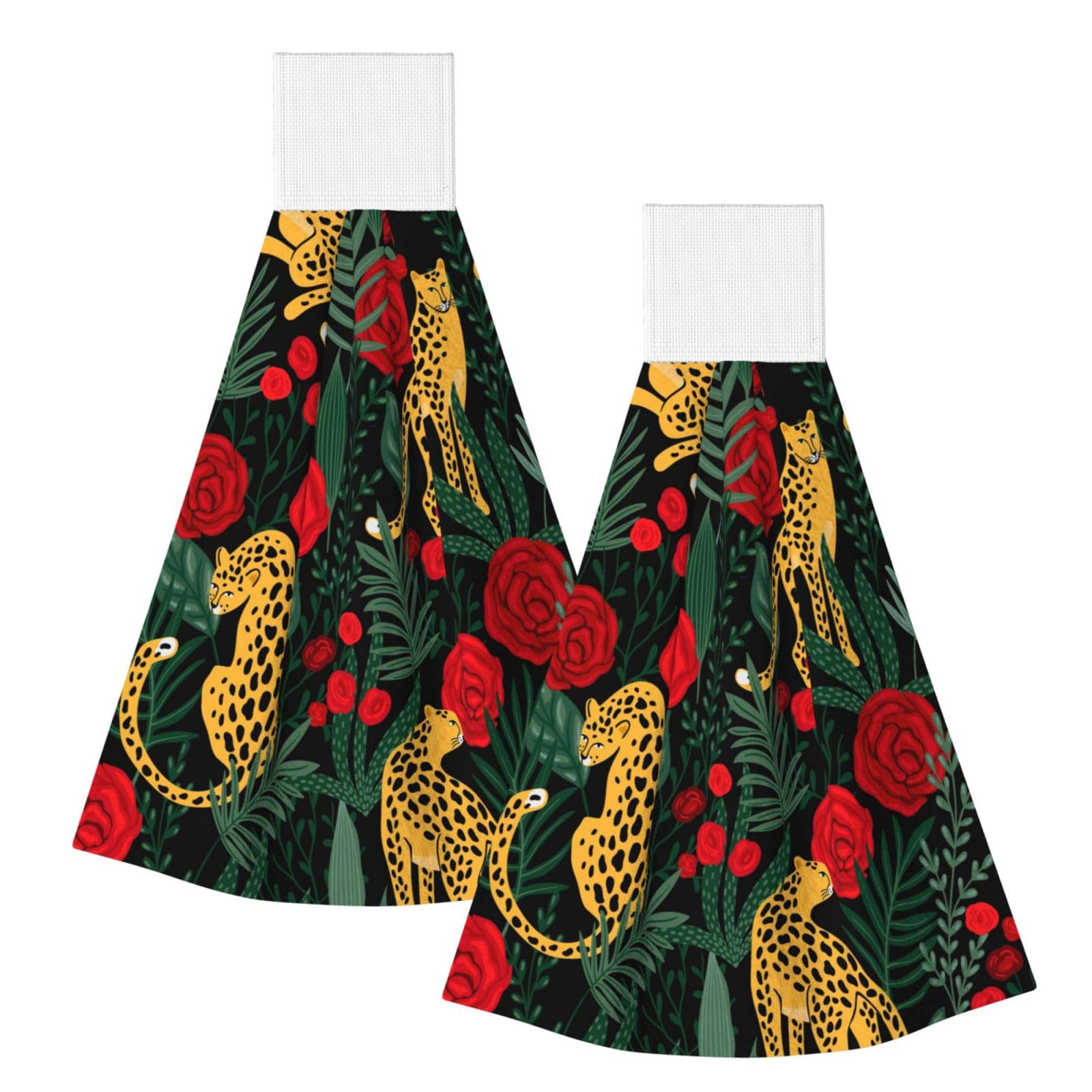 DOPKLNA Seamless Pattern With Leopards And Roses, 2 Pcs Hanging Coral Fiber Hand Towels for Bathroom, Absorbent Kitchen Towels