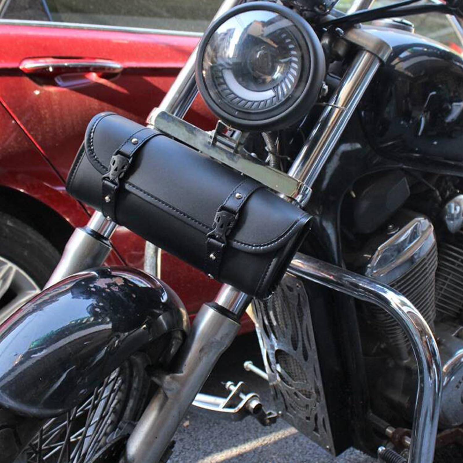Torba na narzędzia motocyklowe, ze skóry PU, wodoszczelna czarna torba w stylu retro, torba na kierownicę z 2 regulowanymi paskami, na kierownicę, widelec i ramę