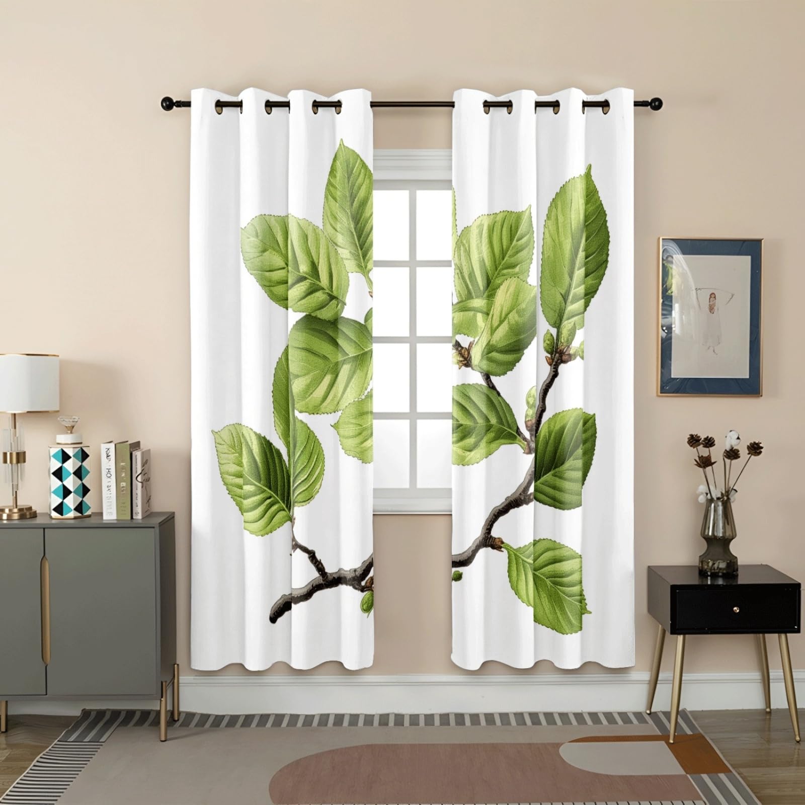 Curtain Minzgrün Weiß Gardinen Blackout Curtain Polyester Vorhang mit Ösen Waschbar Vorhänge Living Room Verdunklungsvorhänge Schlafzimmer Gardienen Vorhang Blickdicht 2x140x160cm