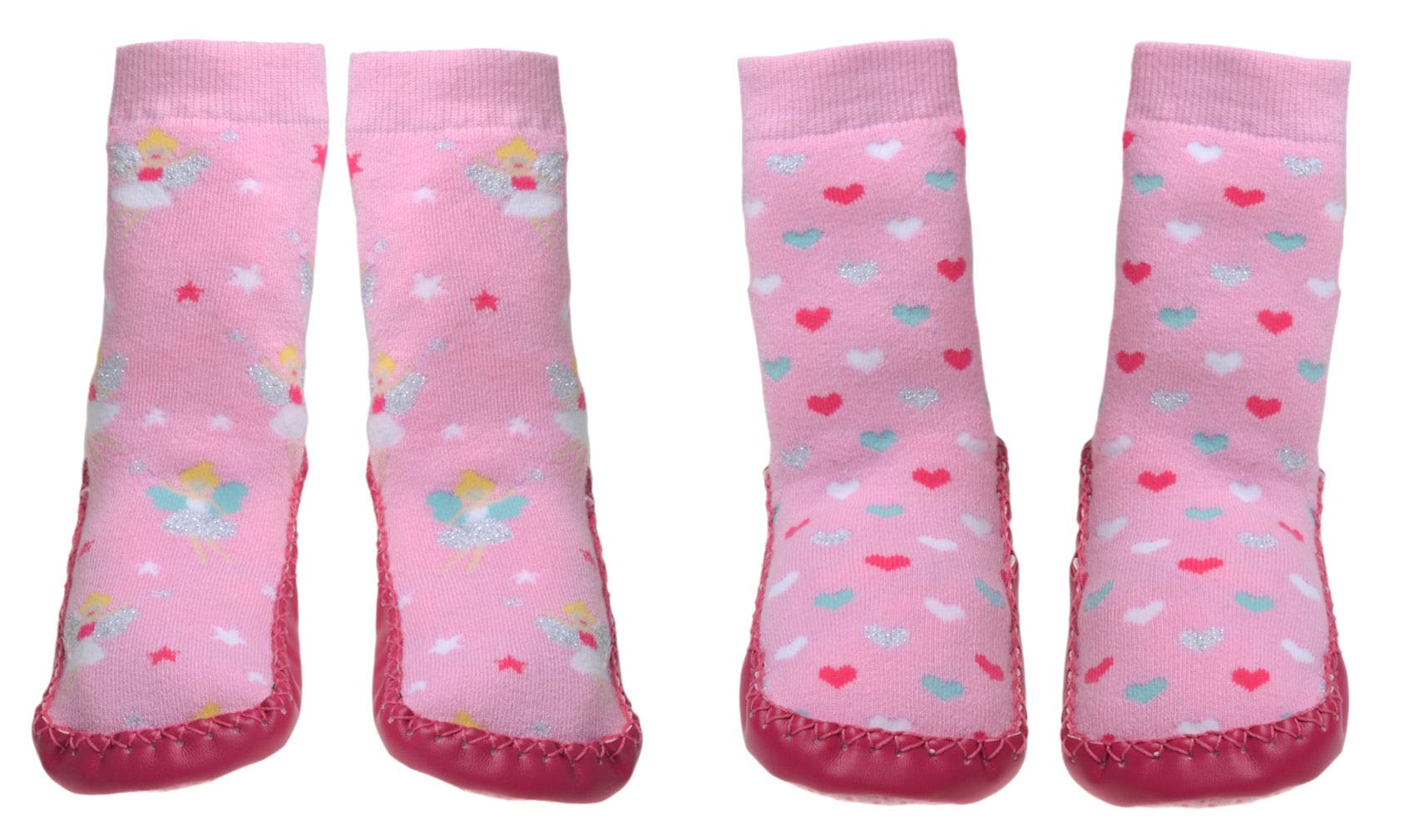 Wb Socks Girls Pink 2 Pairs Moccasins - Non Slip Sole - Hearts & Fairies