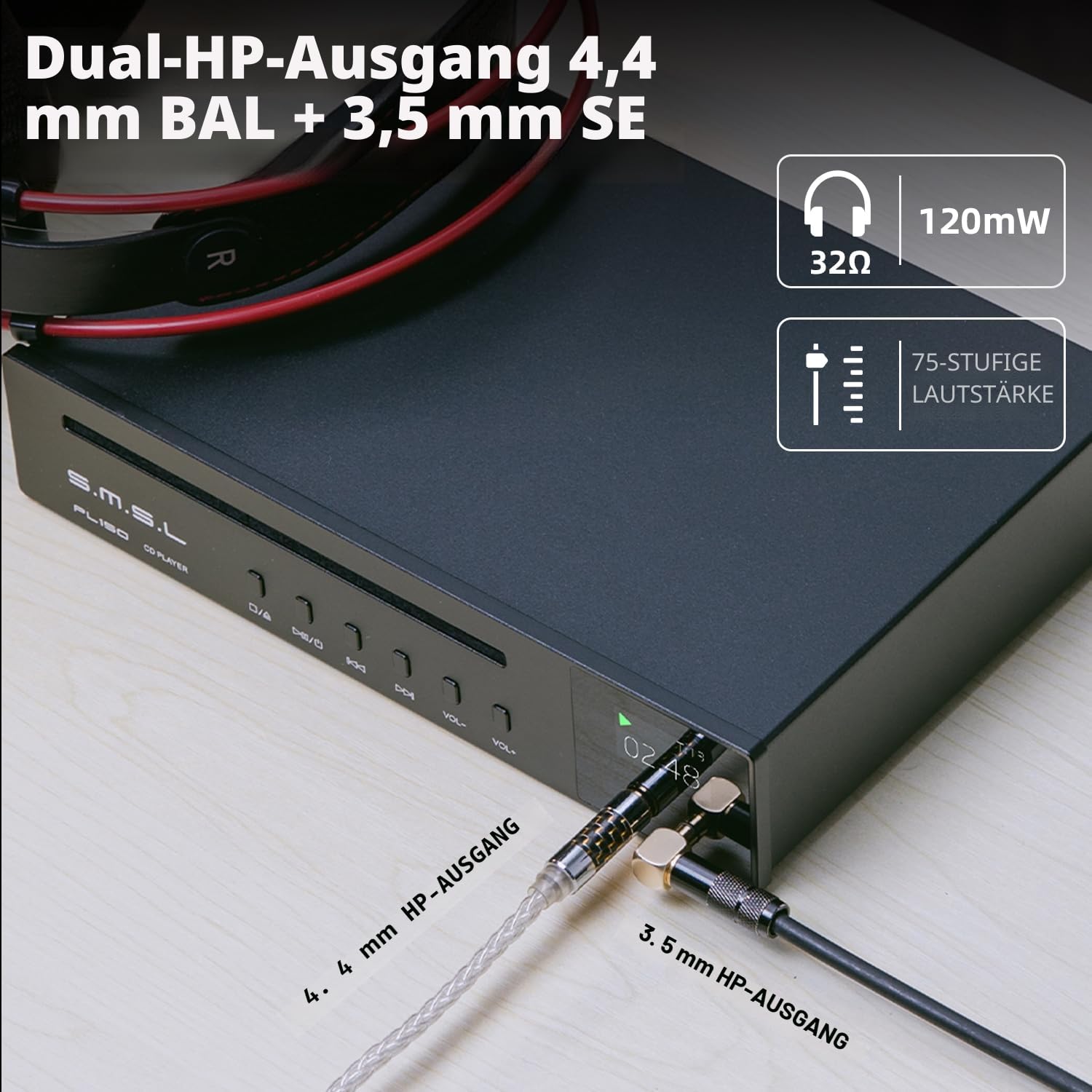 S.M.S.L PL150 CD Player, unterstützt Standard-CD/MQA-CD/HDCD/MP3-CD, CS43198 DAC-Chip, optischer/koaxialer Ausgang, 4,4mm+3,5mm Kopfhörerbuchsen,Für Fahrzeuge