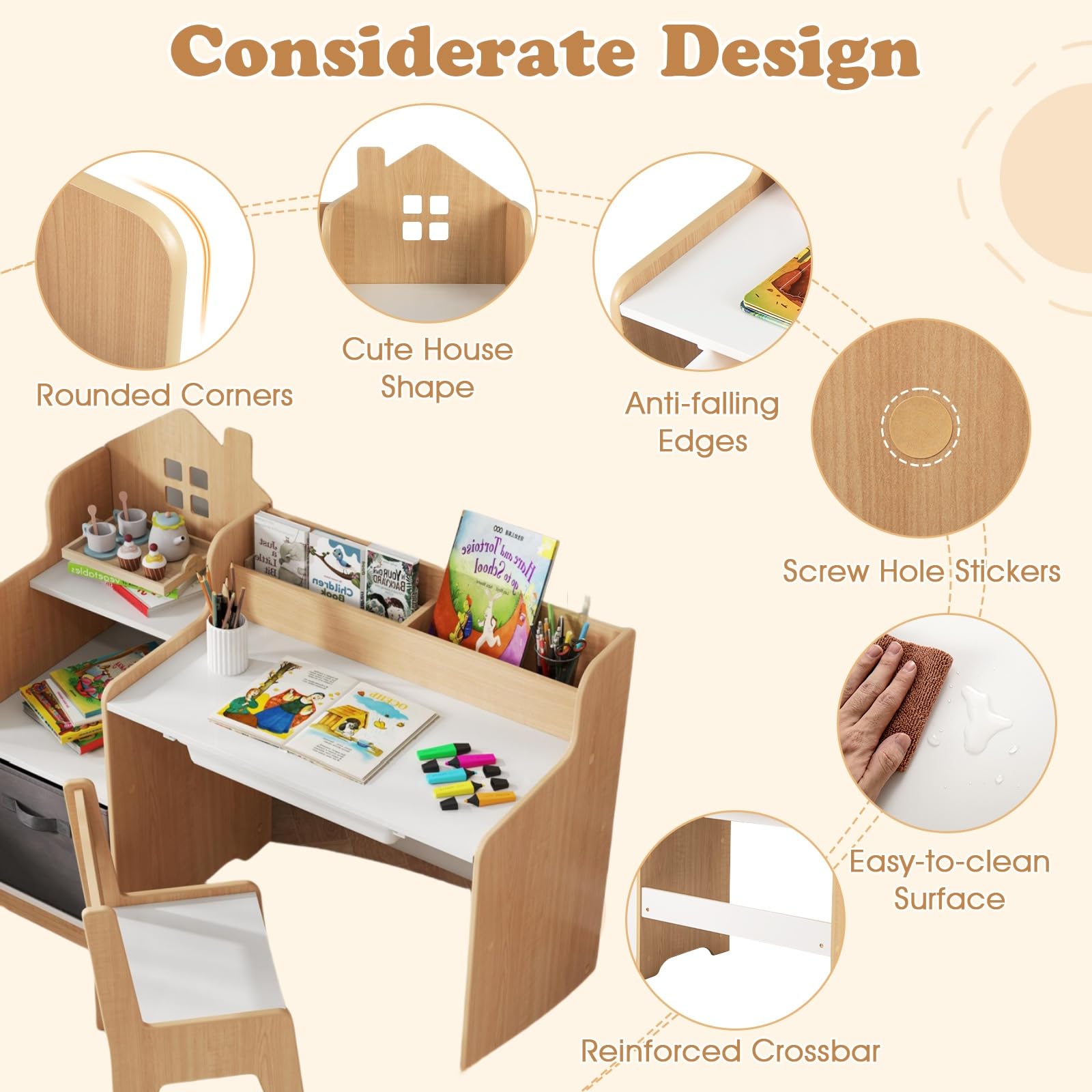 LIFEZEAL Kinderschreibtisch mit Stuhl Set, Kinderlerntisch mit Bücherregal & Schublade, Schreibtisch-Set für Schüler, Tisch und Stühle für Kinderzimmer (Natur)