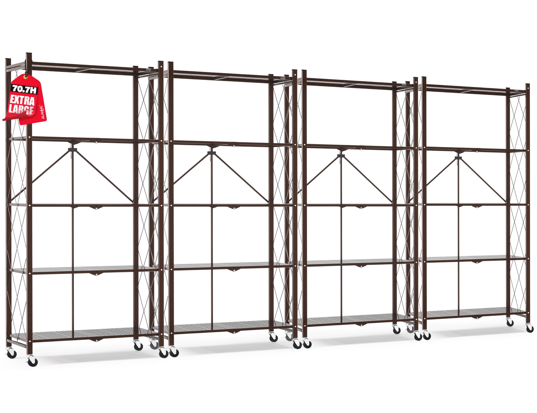 ALANNG 70.7" H Metal Storage Shelves, 5 Tier Folding Shelf on Wheels