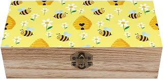 Small Keepsake Box Wooden Jewelry Box with Hinged Lid Yellow Honey Bee Hive Memory Boxes Storage Organizer Gift Box for Wedding Anniversary Birthday