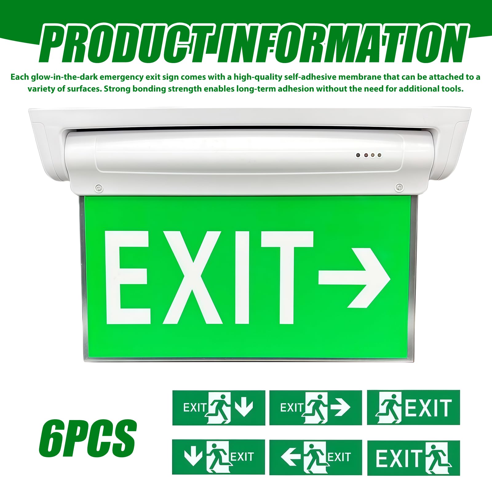 Iluminación LED de emergencia de doble cara con duración de batería de 3 horas, protección IP30 contra salpicaduras, batería de litio de carga automática, 6 pictogramas intercambiables, luz