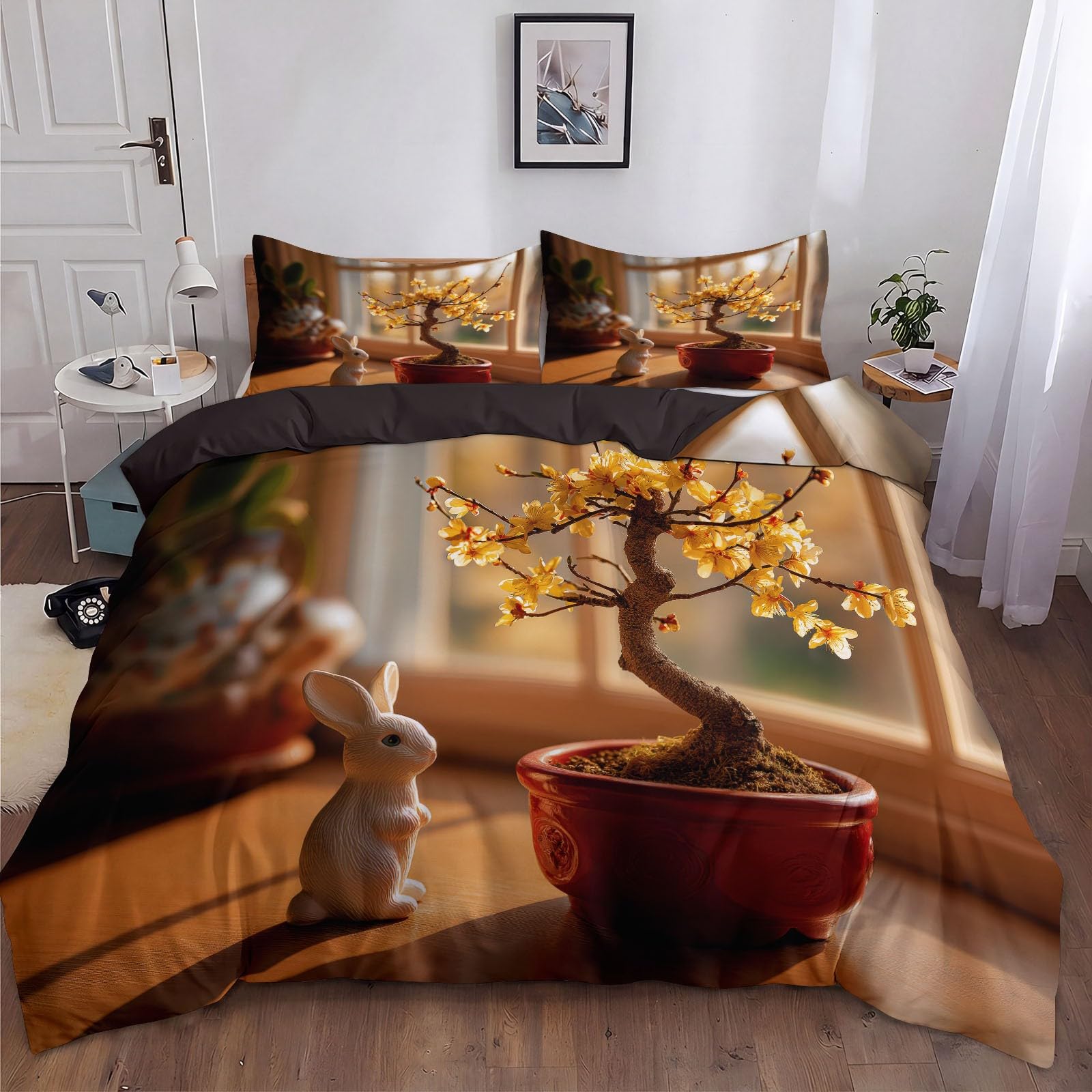 Aprielsen Bonsai komplet pościeli z zajączkiem wielkanocnym, 200 x 220 cm, realistyczny styl fotograficzny, dwustronna pościel, mikrofibra, oddychająca, zestaw pościeli z zamkiem błyskawicznym i
