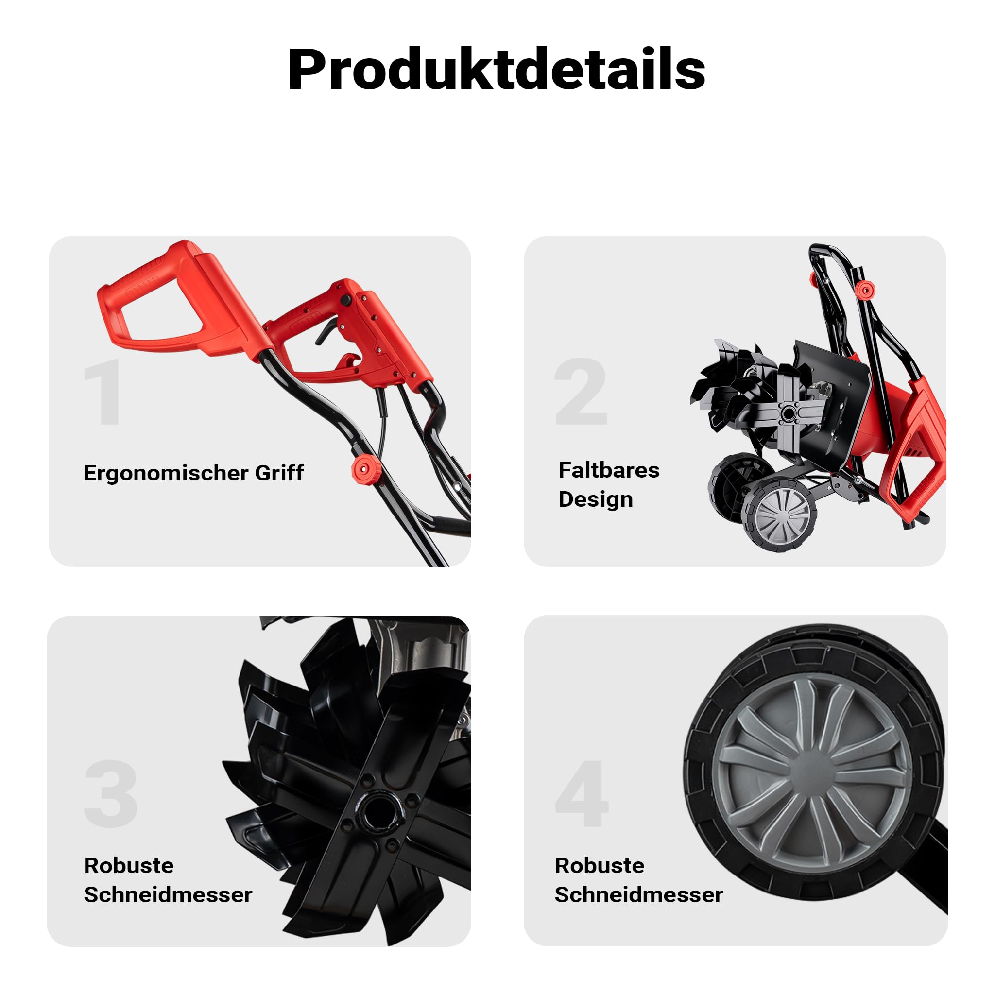 Wiltec Elektro Gartenhacke 1500 W mit 400 U/min, elektrische Gartenfräse mit 220 mm Arbeitstiefe, Motorhacke mit 24 Klingen, Bodenfräse auf Rädern