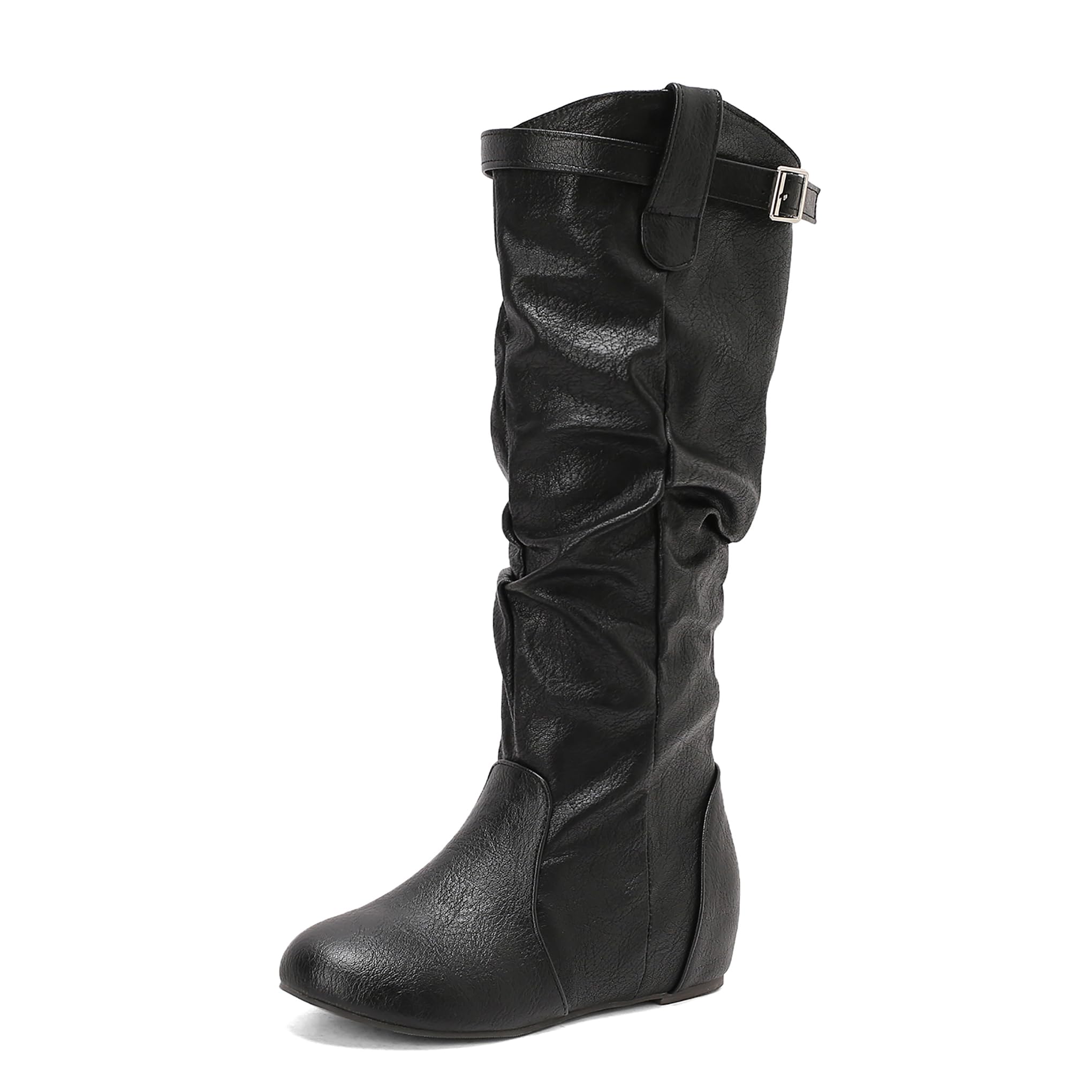 Bviennic Botas Rodilla Mujer Mid Tacón de Cuña Casual Punta Rojoonda Zip Slouch 2593, Talla 34-48