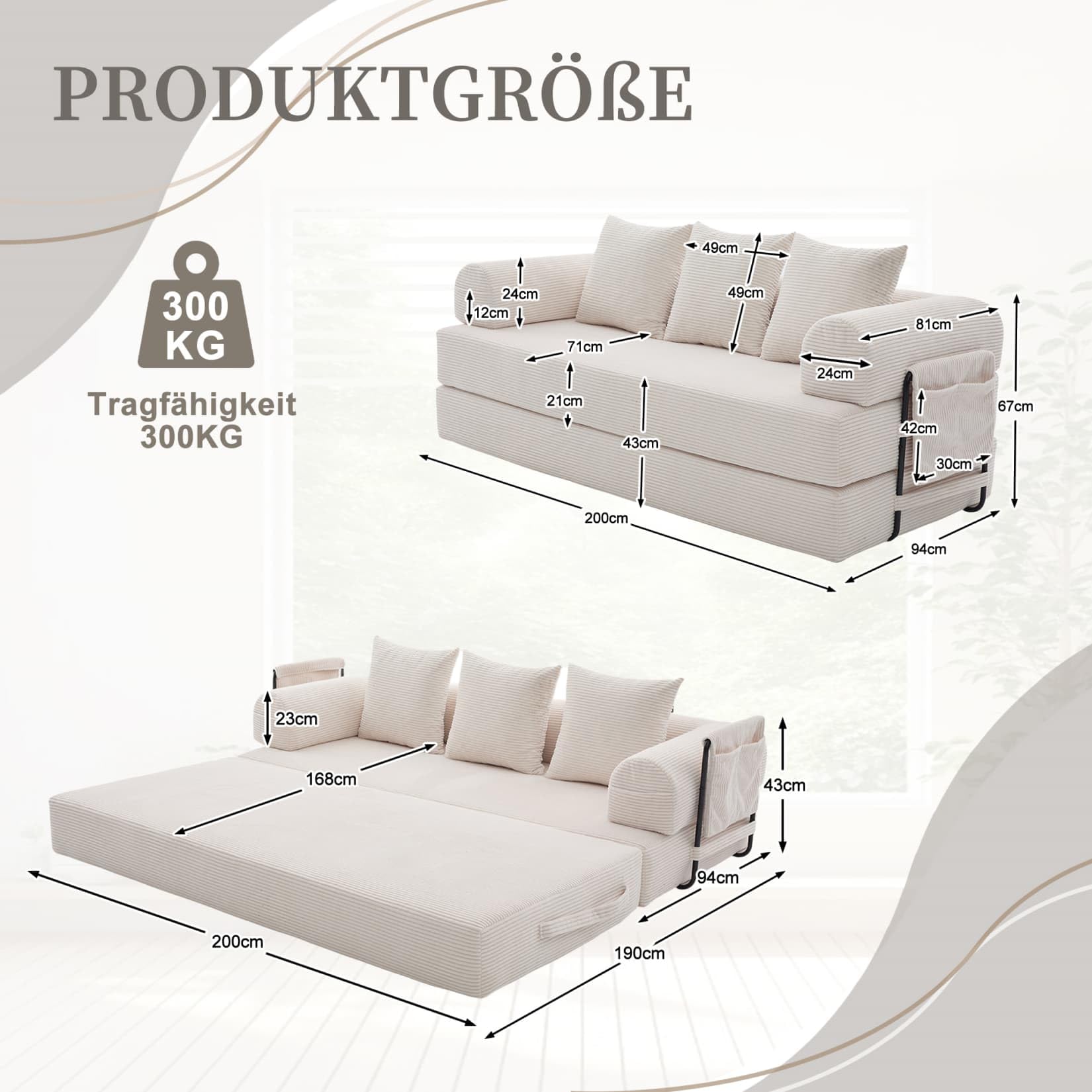 Canapé 2 Places en Velours côtelé,Canapé Lit Convertible Multifonctionnel Moderne,Poches Latérales et 3 Coussins,DIY Libre,pour Salon,Chambre,Bureau (Beige-L)
