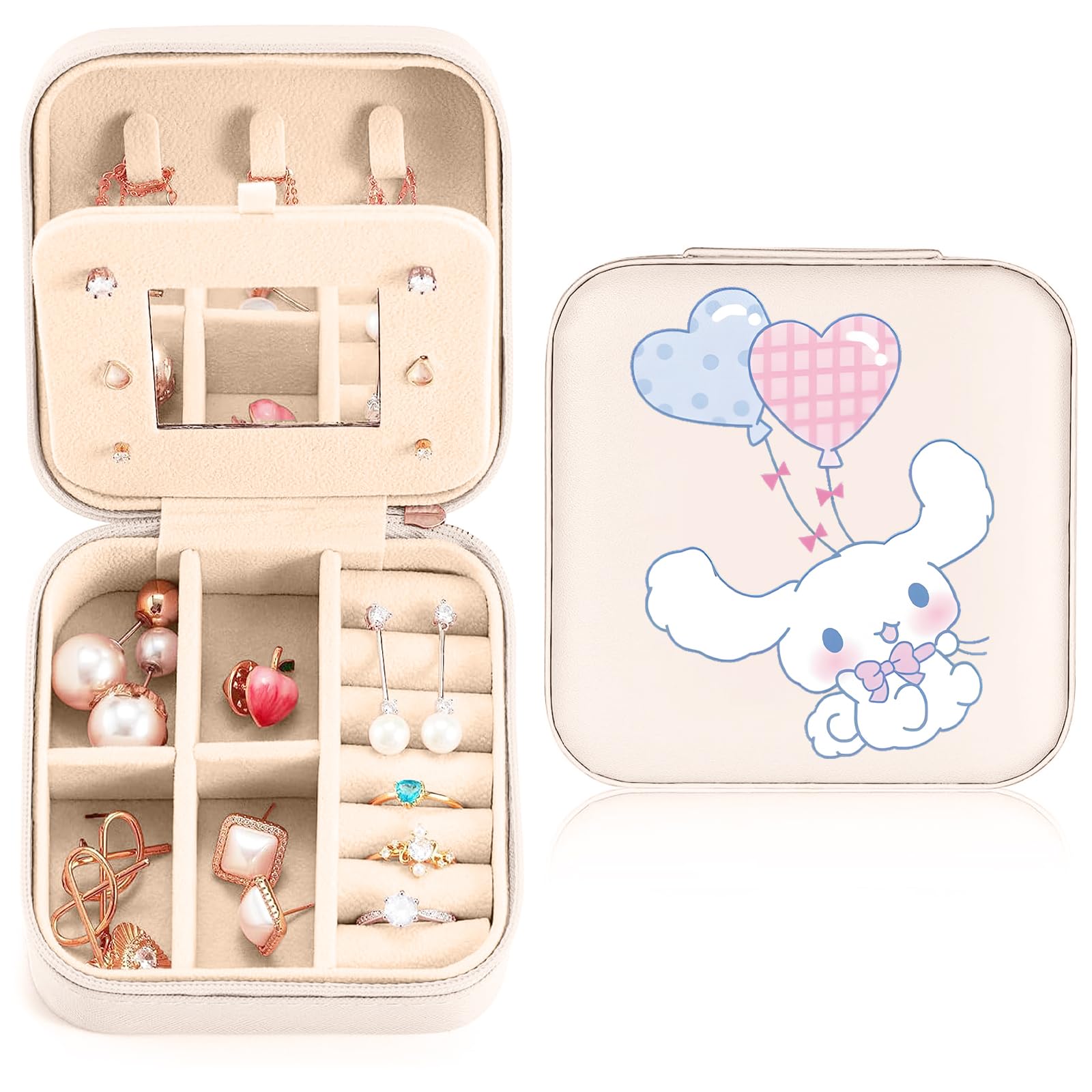 PKEGDBFTQ Portátil Jewelry Organizer,Estuche de Joyería Pequeño para Viajes con espejo,Cute Animal Dog Cartoon Motif, para anillos, pendientes, pulseras, joyasm,para Mujer y Niña,Joyero De Cuero Pu, Blanco