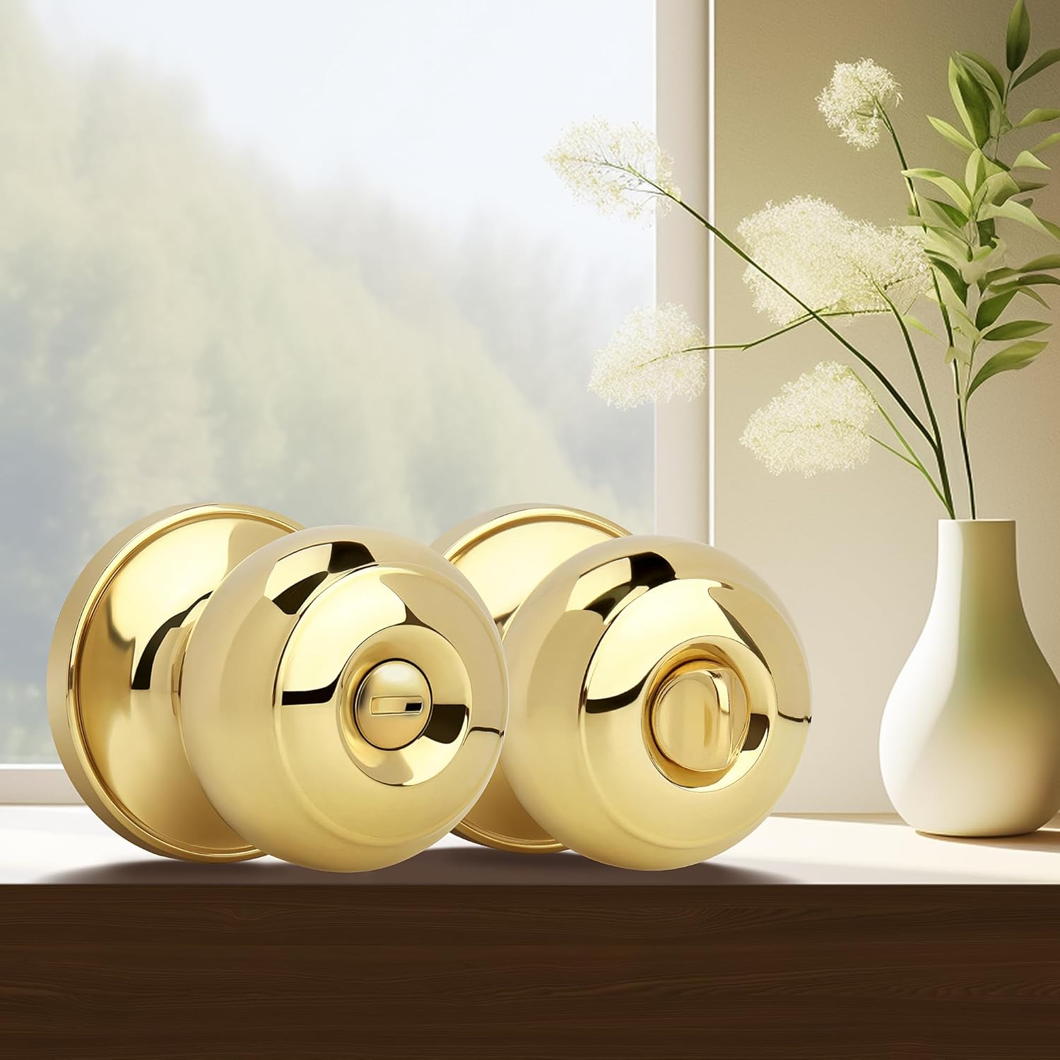 Moquin Gold Privacy Door Knob with Lock, Keyless Interior Flat Ball Door Knob for Bathroom or Closet, Polished Brass