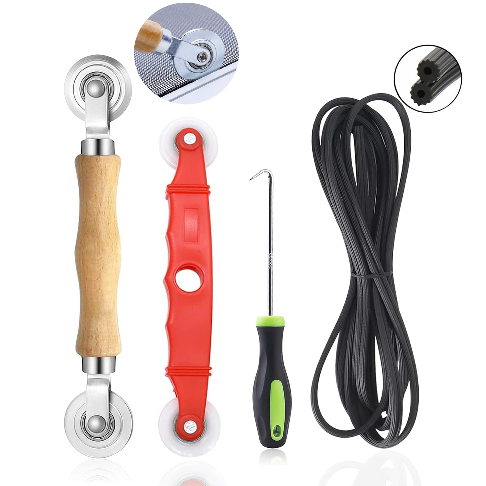4 Stück Werkzeug Einzieher Einroller,22cm Bildschirmfenster Spline Roller Mit Holzgriff,Doppelrad Siebrollwerkzeug Mit Gummistreifen Haken,mit Demontagehaken,Fliegenschutzzubehör für Bildschirme