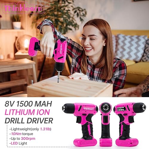 Miniatura 2 de Juego de herramientas rosas de 64 piezas con taladro inalámbrico, taladro eléctrico de 8 V y kit de herramientas rosa para mujeres, kit de