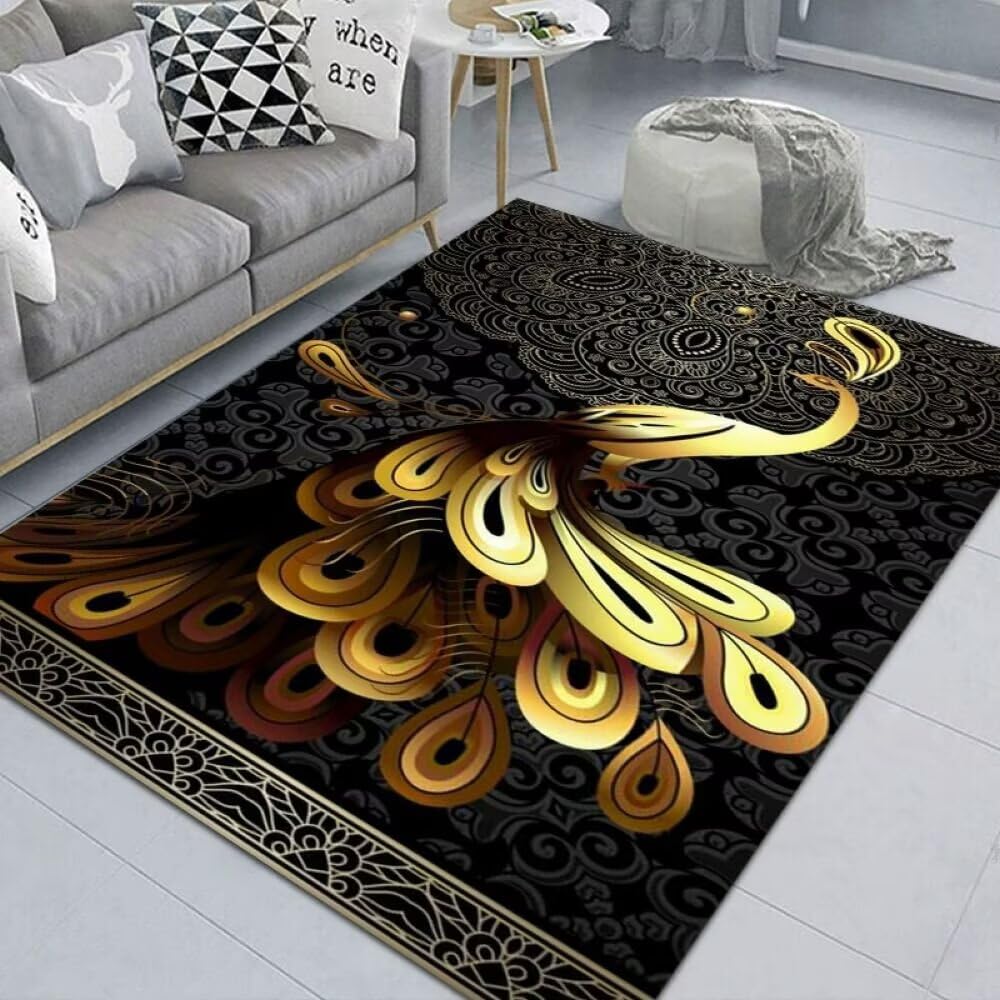 Grand tapis de zone 160x230cm imprimé plumes jaune lavable