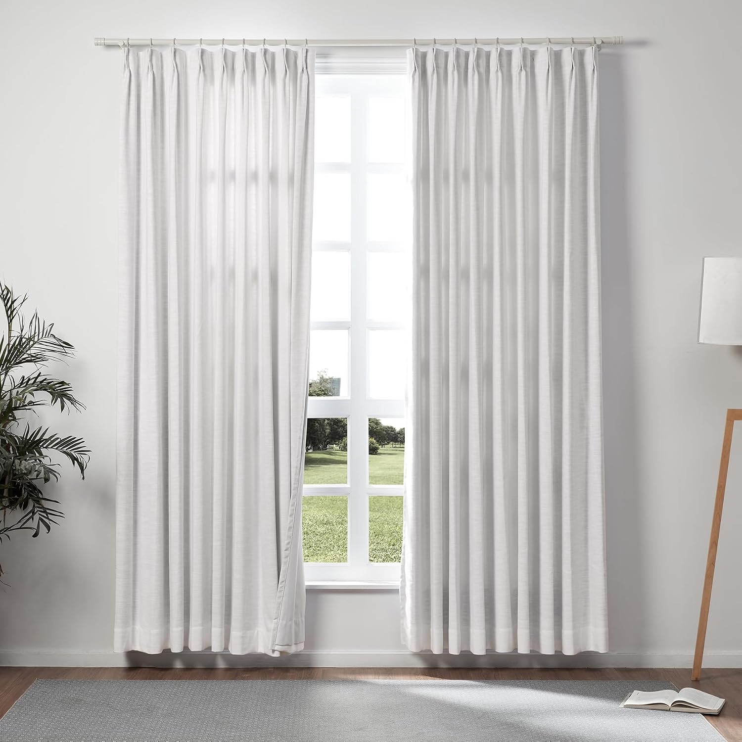 ChadMade Extra Wide Curtain 100" W x 102" L Polyester Linen Drape with Blackout Lining Pinch Pleat Curtain for Sliding Door Patio Door Living Room Bedroom, (1 Panel) Snow White Tallis Collection